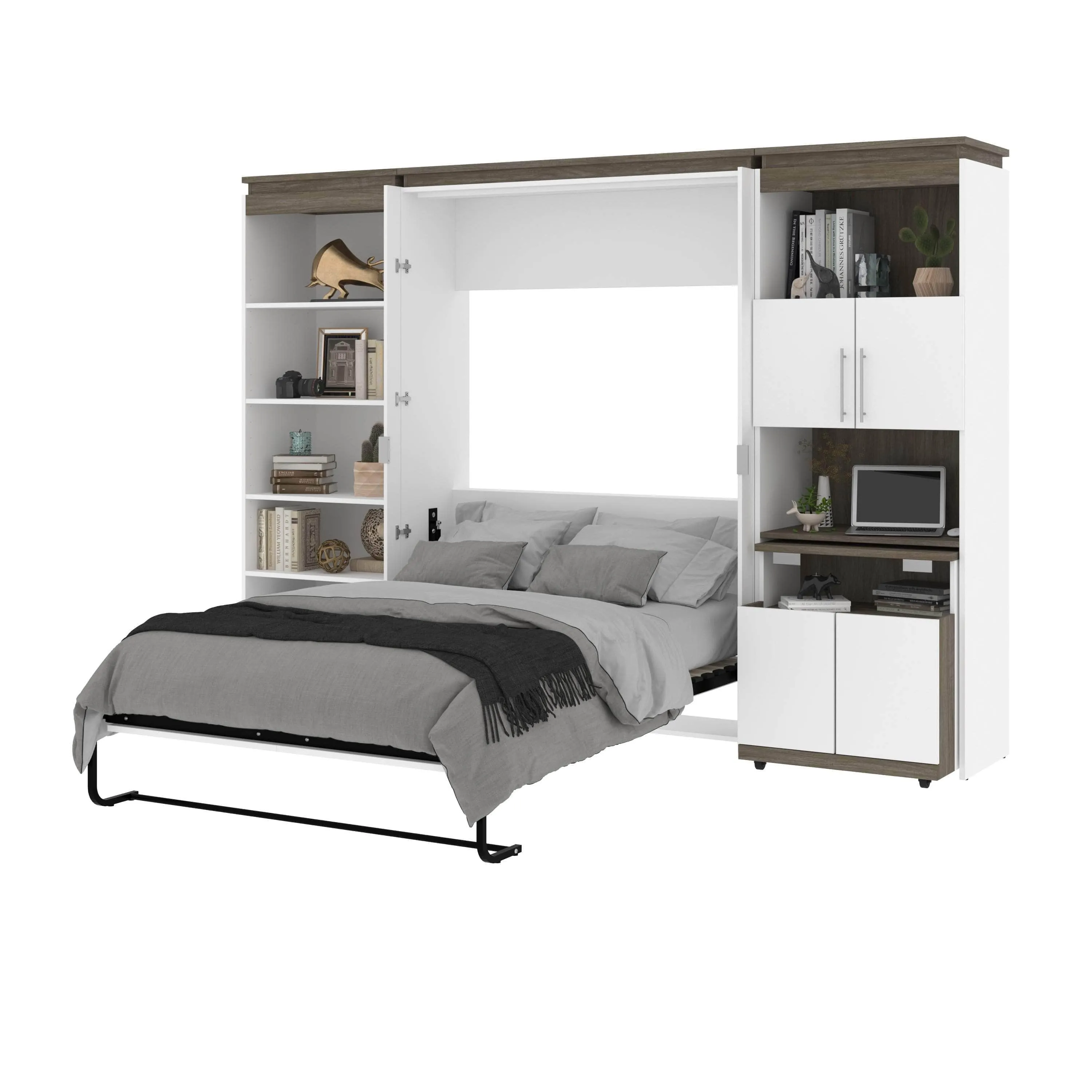 Orion Full Murphy Wall Bed with Shelving and Fold-Out Desk (119W) - Available in 2 Colours