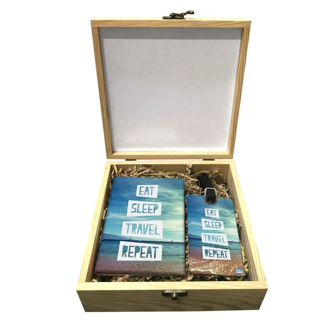 Passport Cover Luggage Tag Wooden Gift Box Set - Eat Sleep Travel Repeat