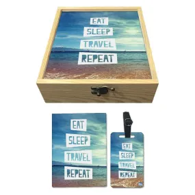 Passport Cover Luggage Tag Wooden Gift Box Set - Eat Sleep Travel Repeat