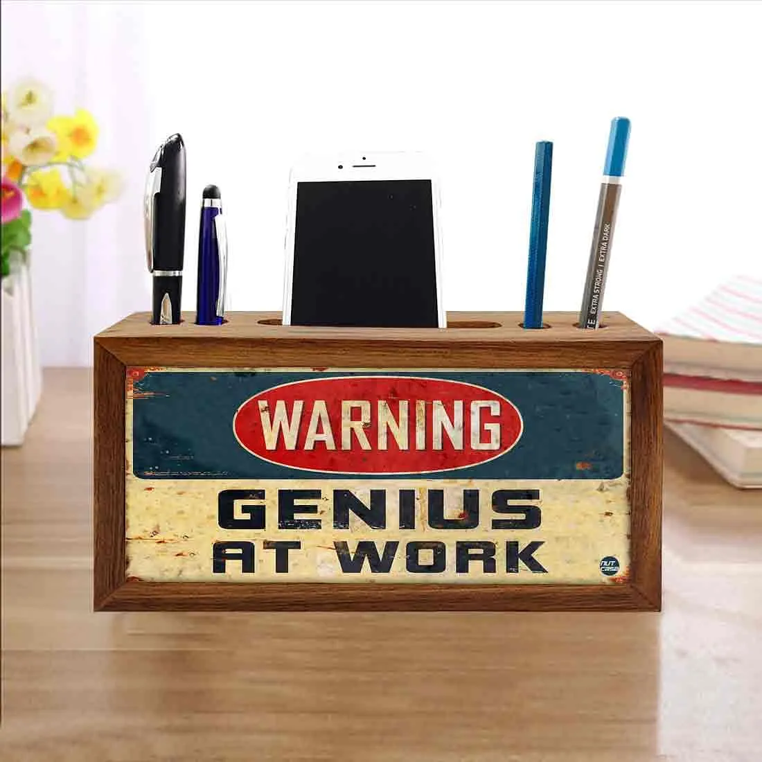 Pen Stand with Mobile Holder Wooden Desk Organizer for Office-Warning