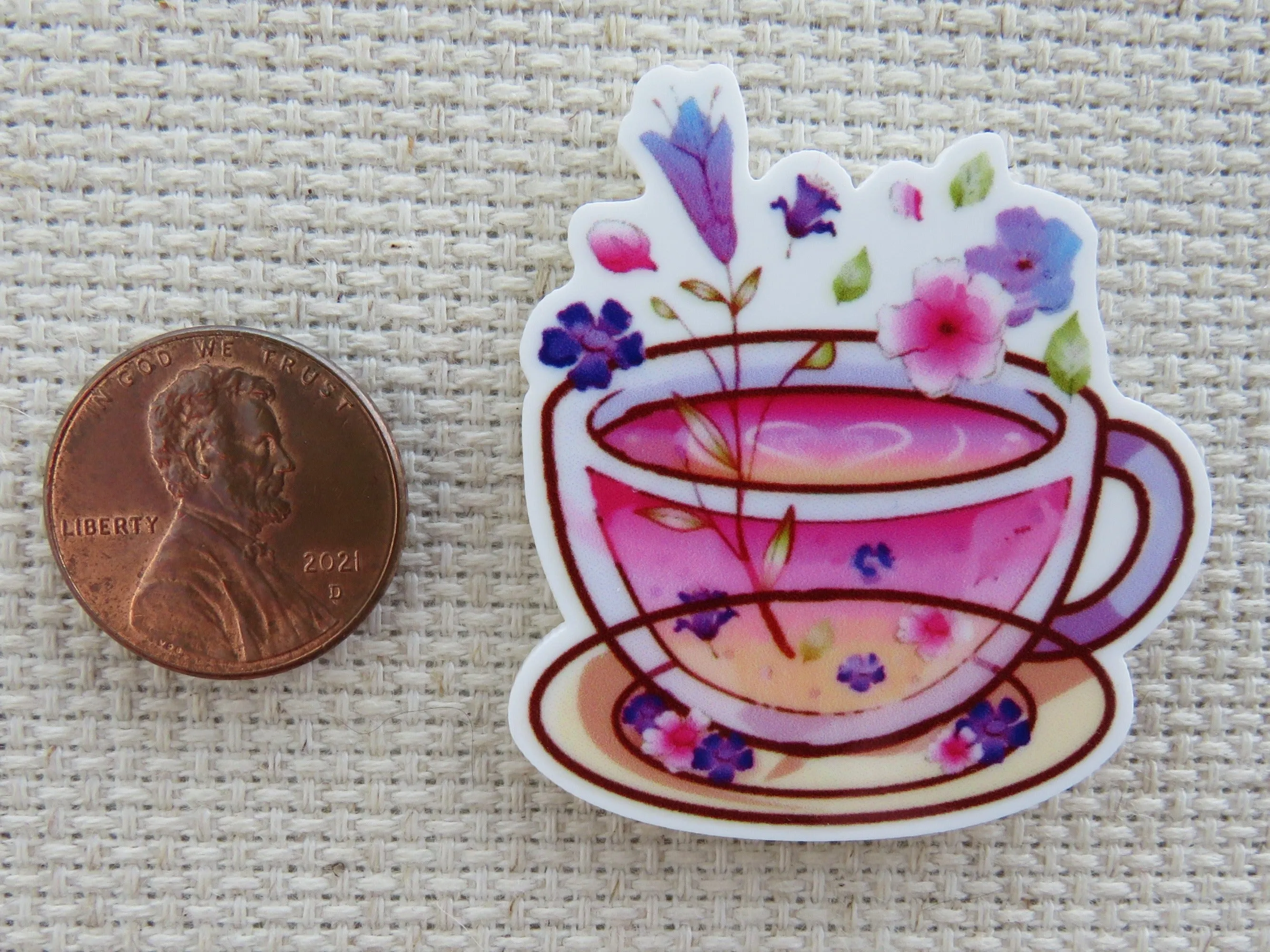 Pink Wildflower Tea Cup Needle Minder, Cover Minder, Magnet