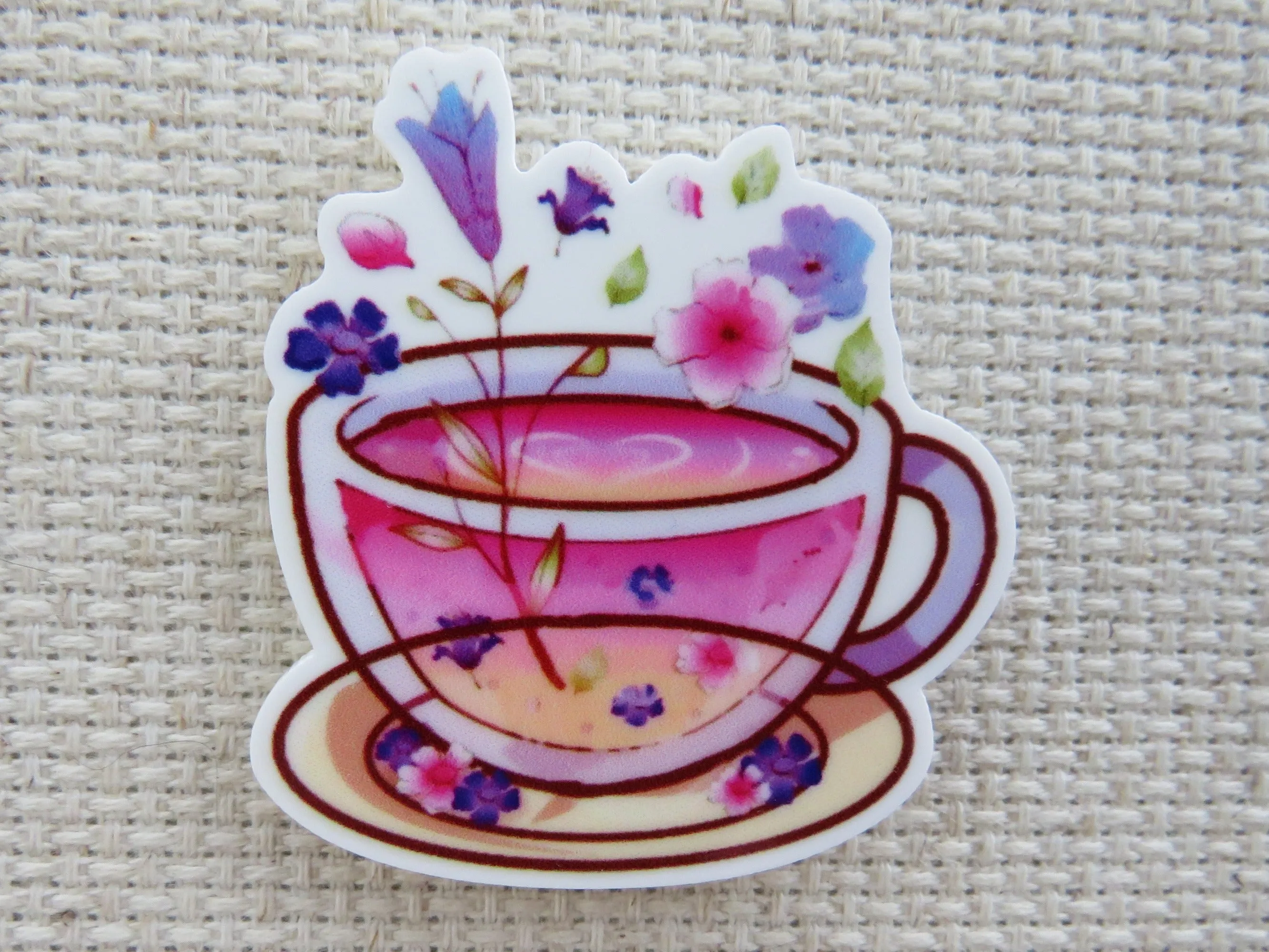 Pink Wildflower Tea Cup Needle Minder, Cover Minder, Magnet