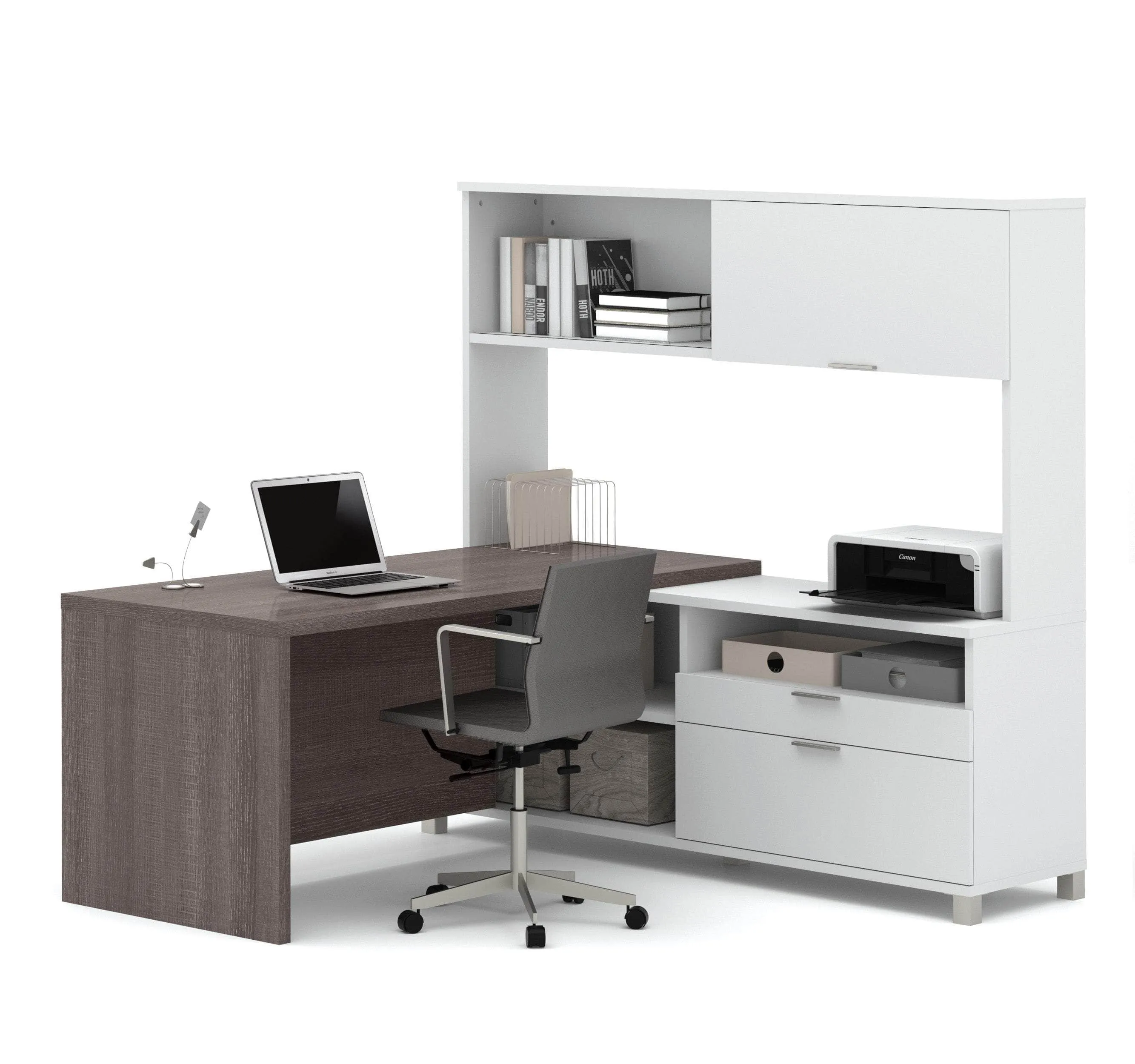 Pro-Linea 72W L-Shaped Desk with Drawers and Hutch in Bark Grey