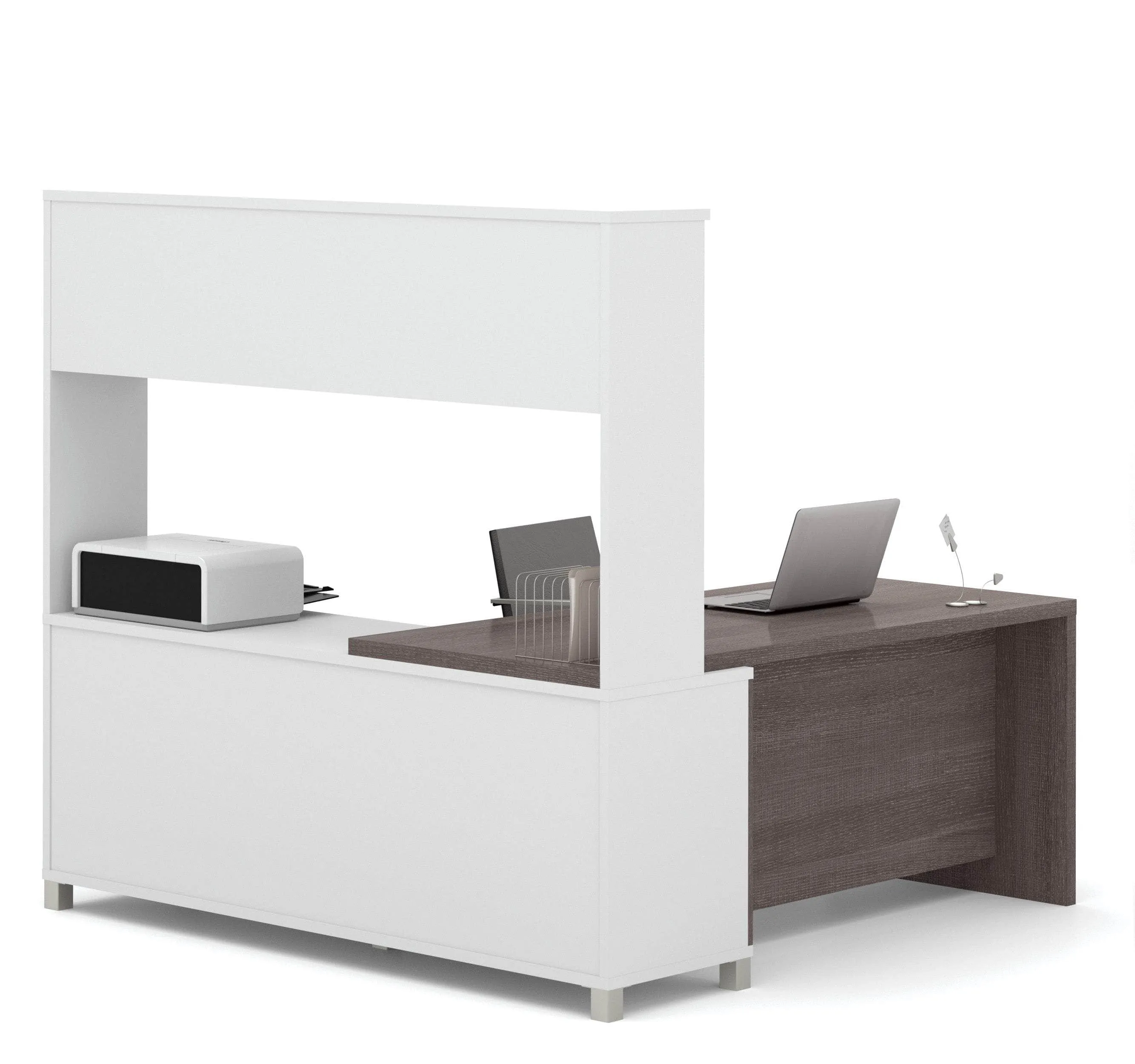 Pro-Linea 72W L-Shaped Desk with Drawers and Hutch in Bark Grey