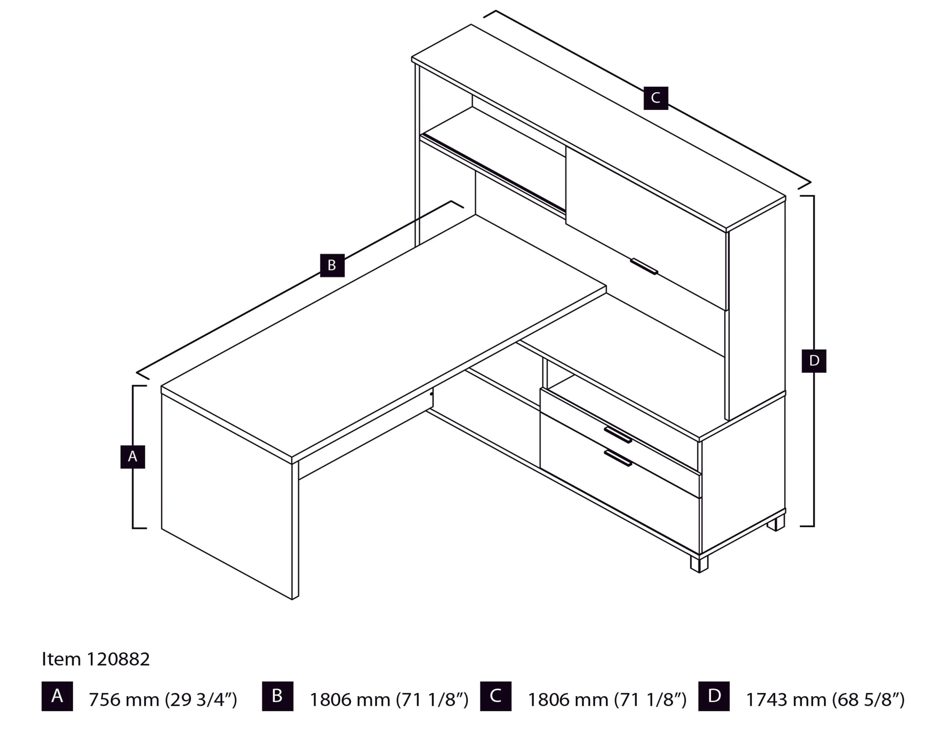 Pro-Linea 72W L-Shaped Desk with Drawers and Hutch in Bark Grey