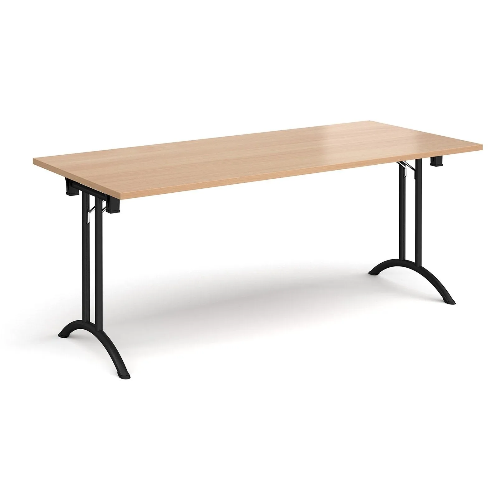 Rectangular folding leg table with curved foot rails