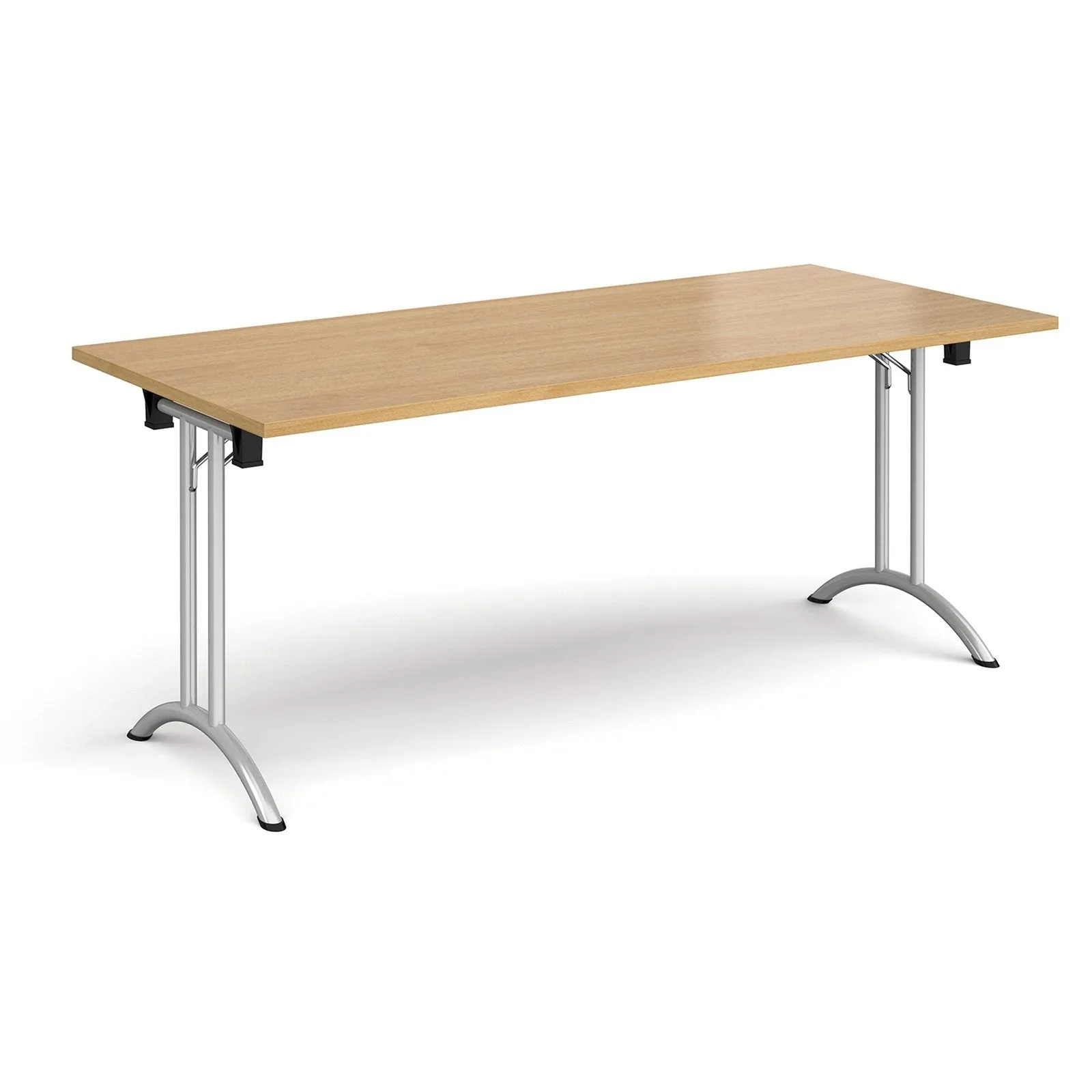 Rectangular folding leg table with curved foot rails