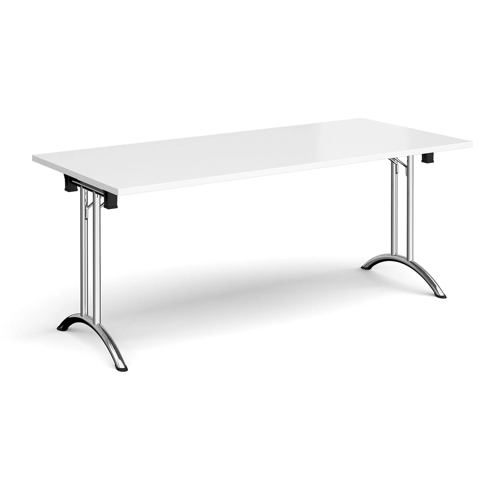 Rectangular folding leg table with curved foot rails