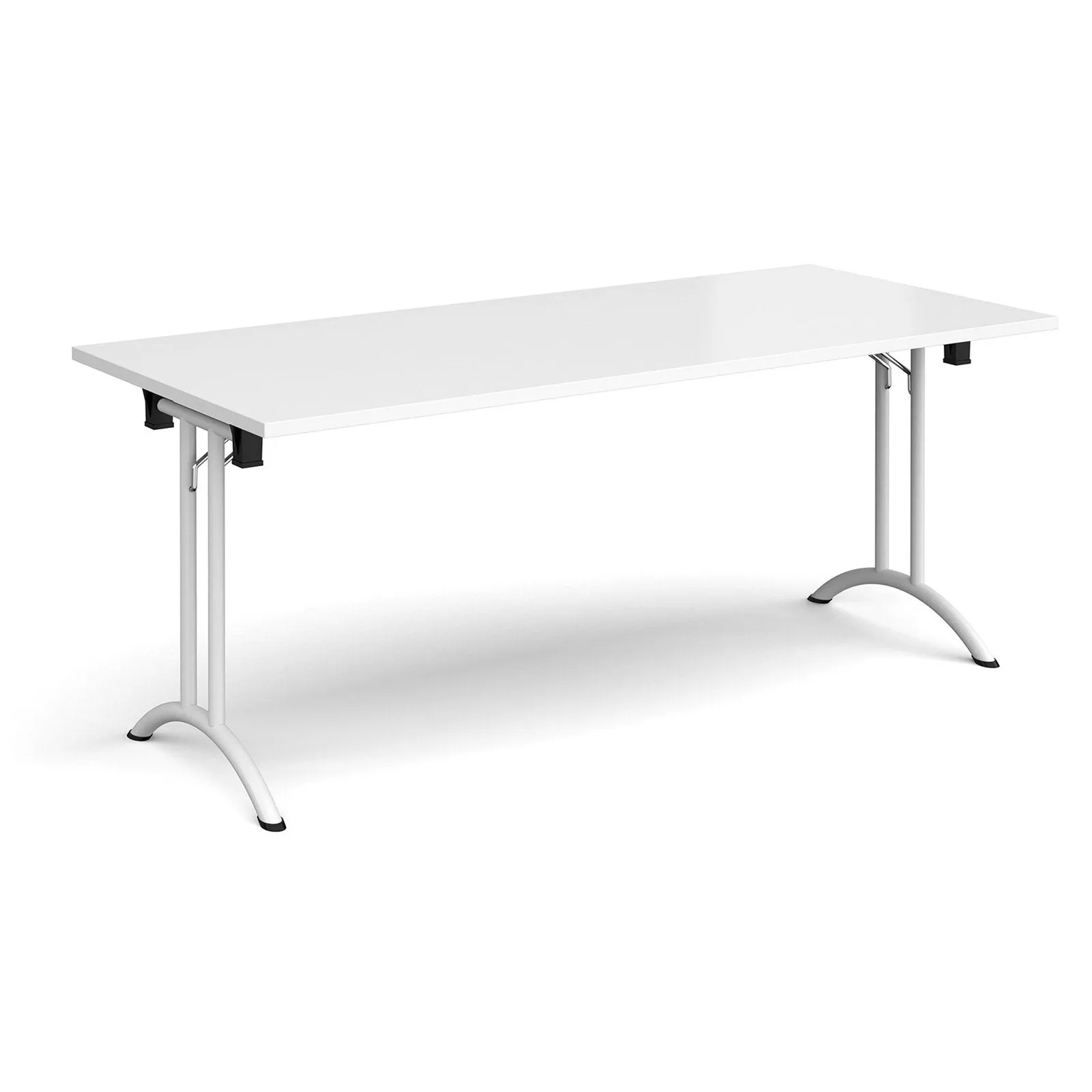 Rectangular folding leg table with curved foot rails