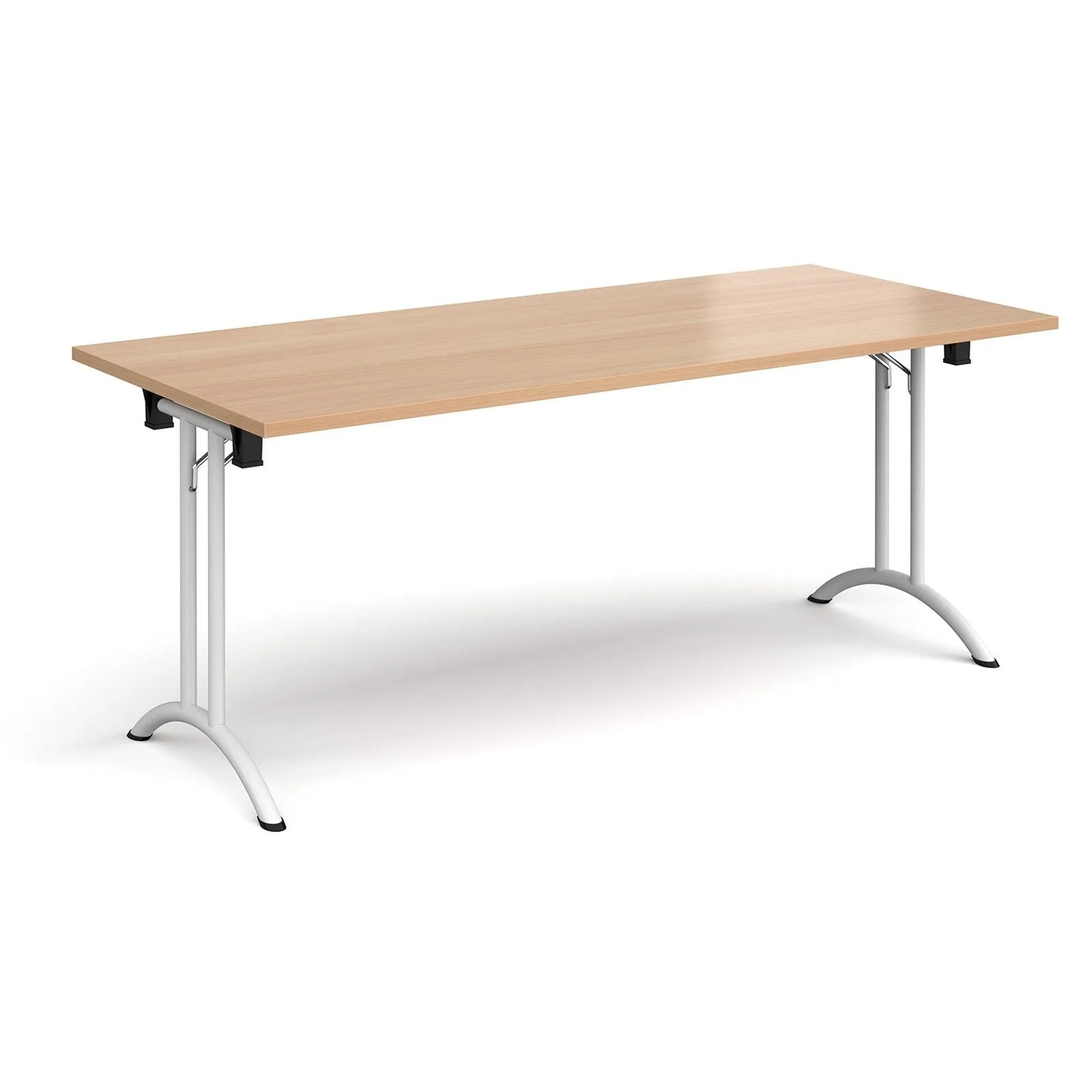 Rectangular folding leg table with curved foot rails