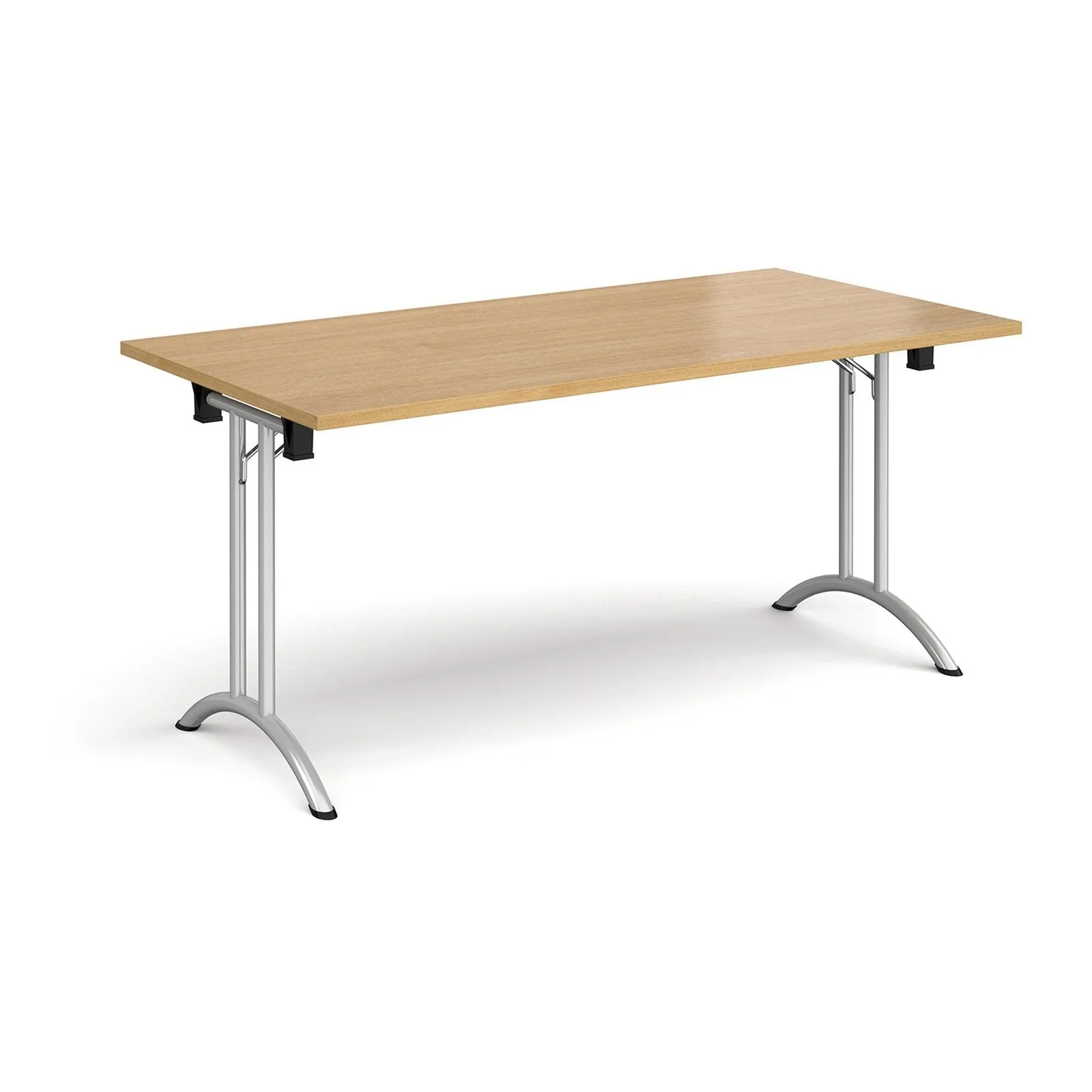 Rectangular folding leg table with curved foot rails