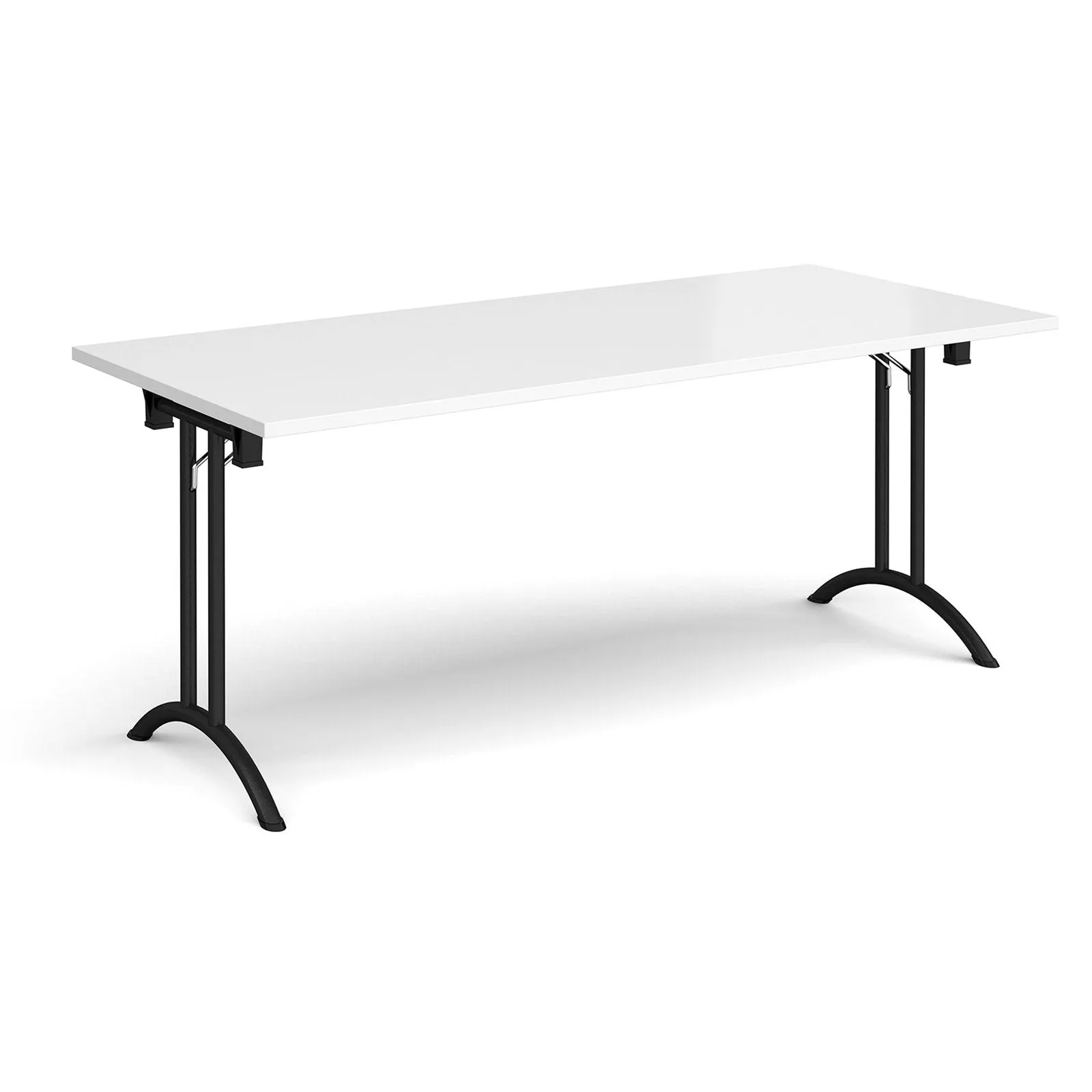 Rectangular folding leg table with curved foot rails