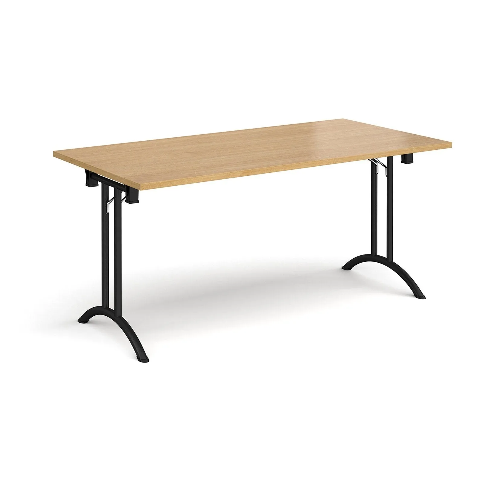 Rectangular folding leg table with curved foot rails