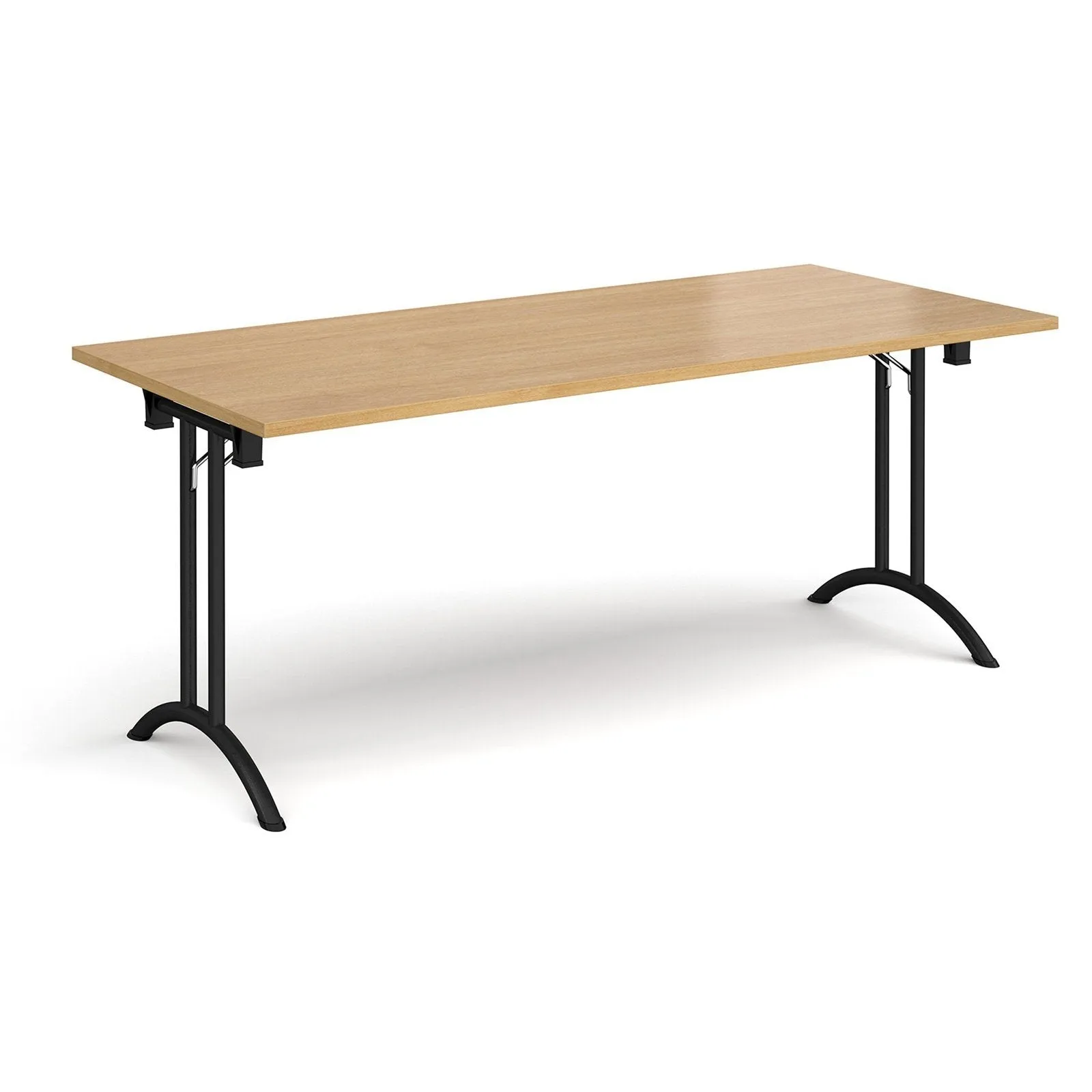 Rectangular folding leg table with curved foot rails