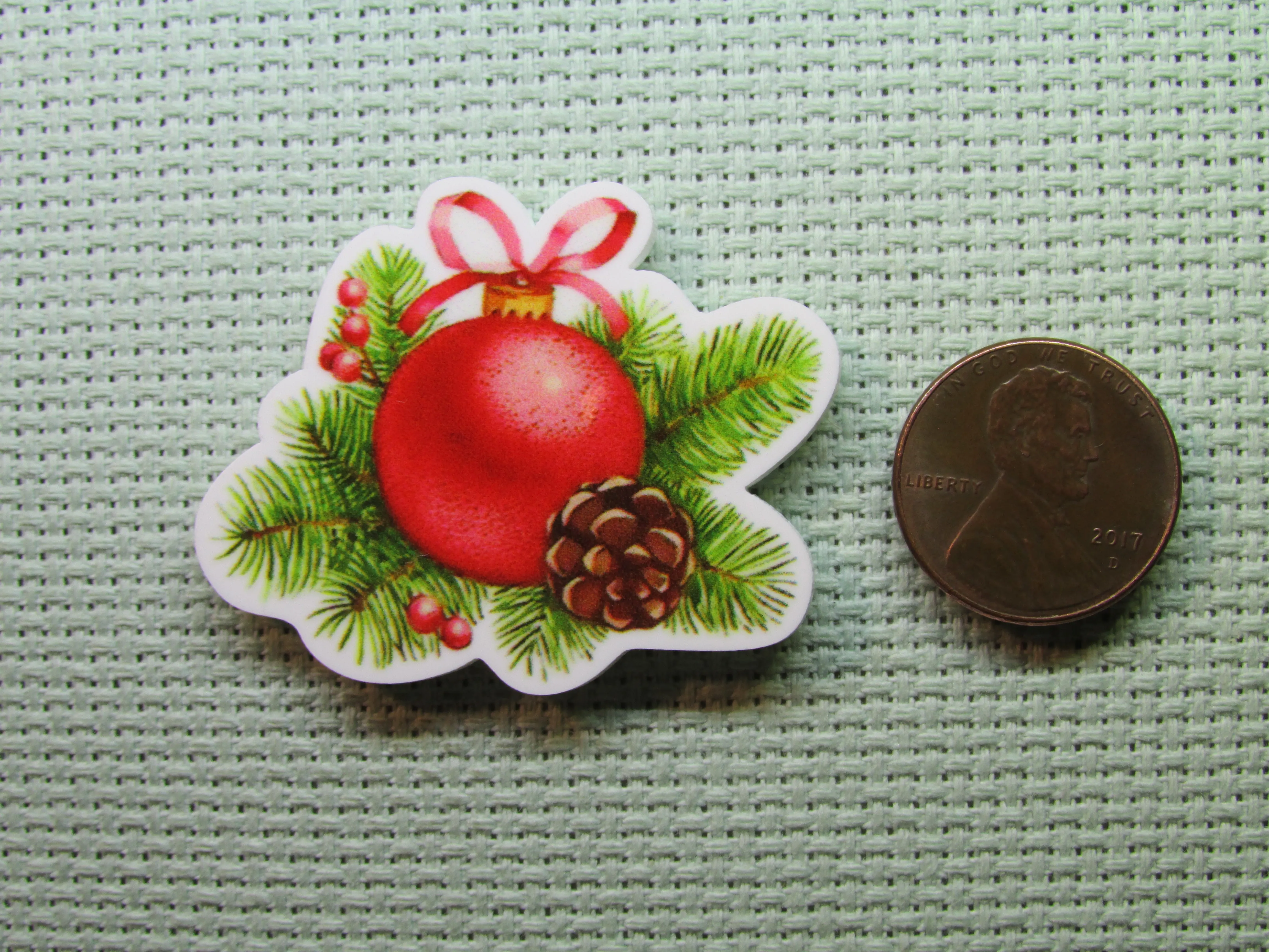 Red Christmas Ornament with Pine Twigs Needle Minder, Cover Minder, Magnet