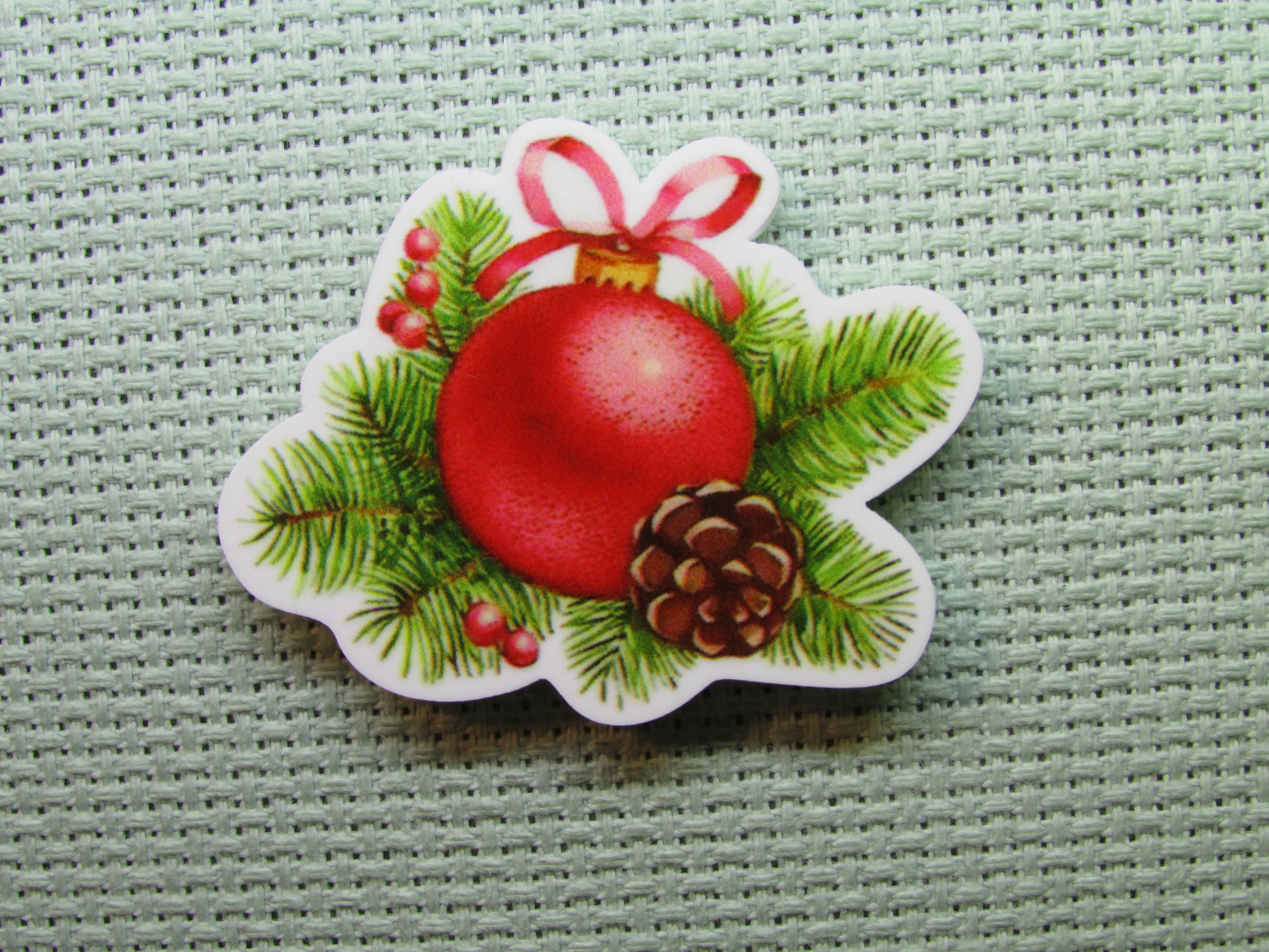 Red Christmas Ornament with Pine Twigs Needle Minder, Cover Minder, Magnet