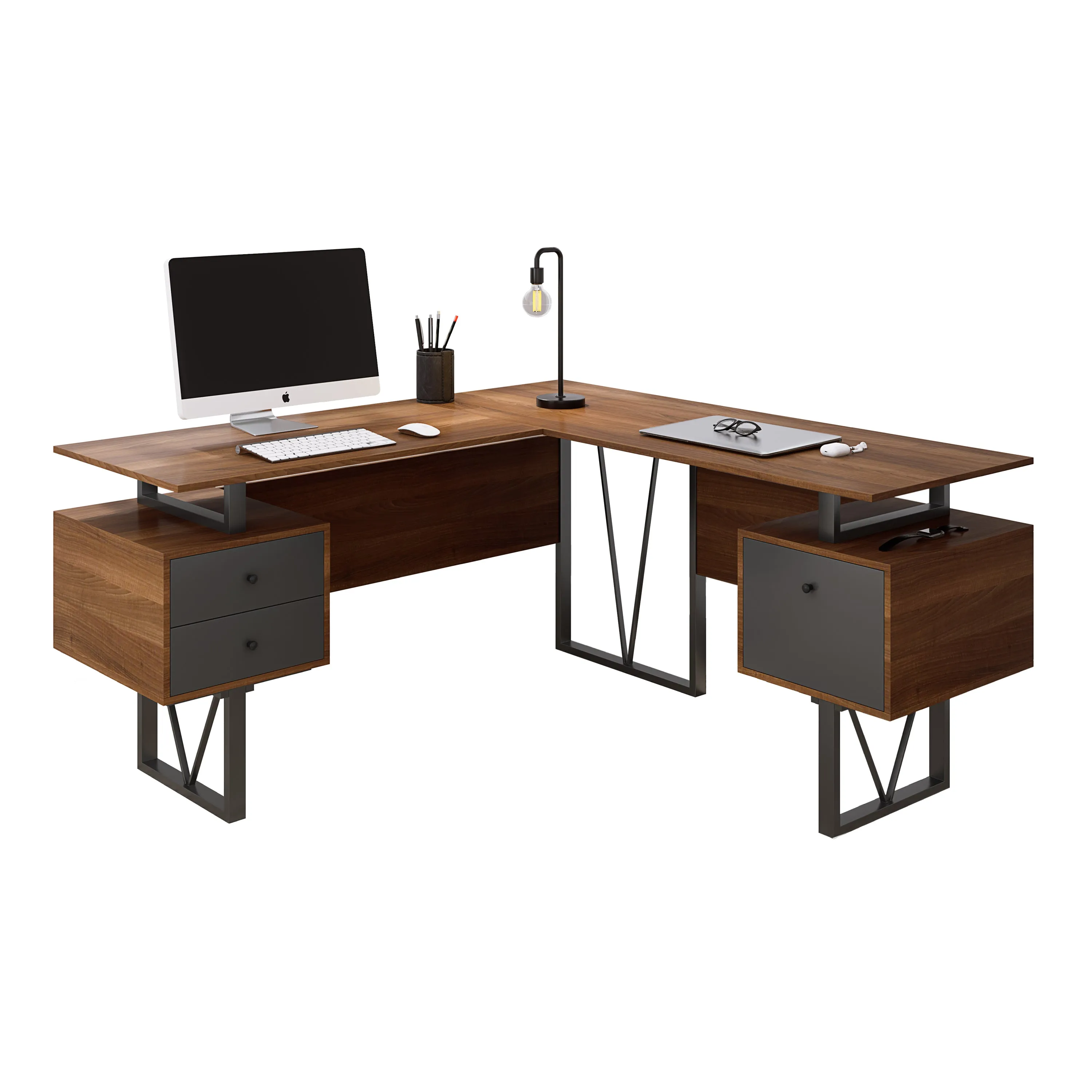 Reversible L-Shape Computer Desk with Drawers and File Cabinet