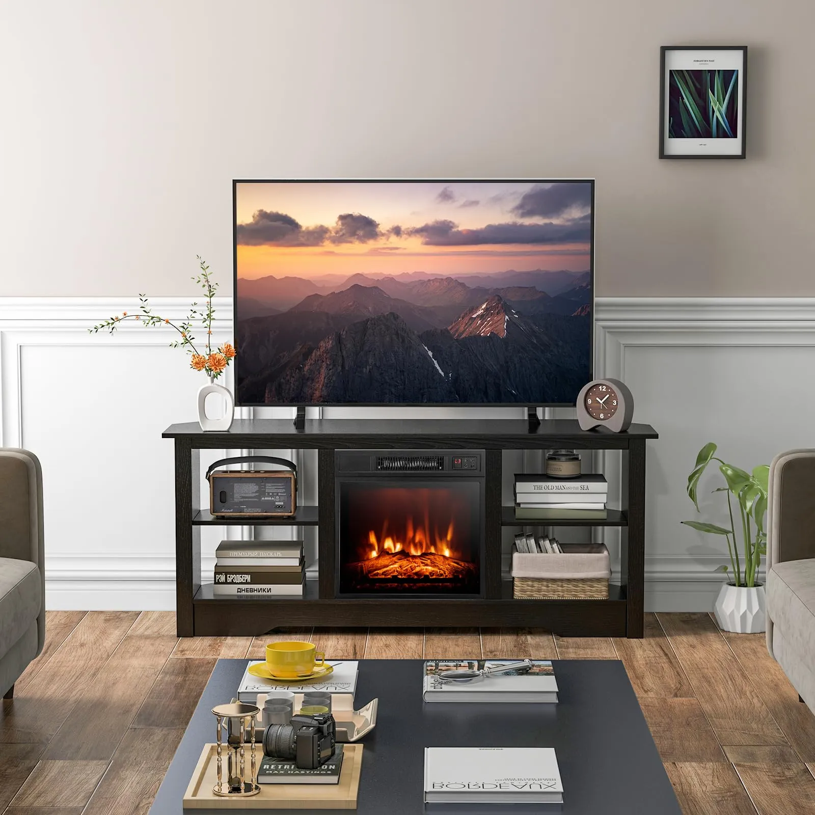 Tangkula 58” Fireplace TV Stand, Home Entertainment Center with 18” 1400W Electric Fireplace