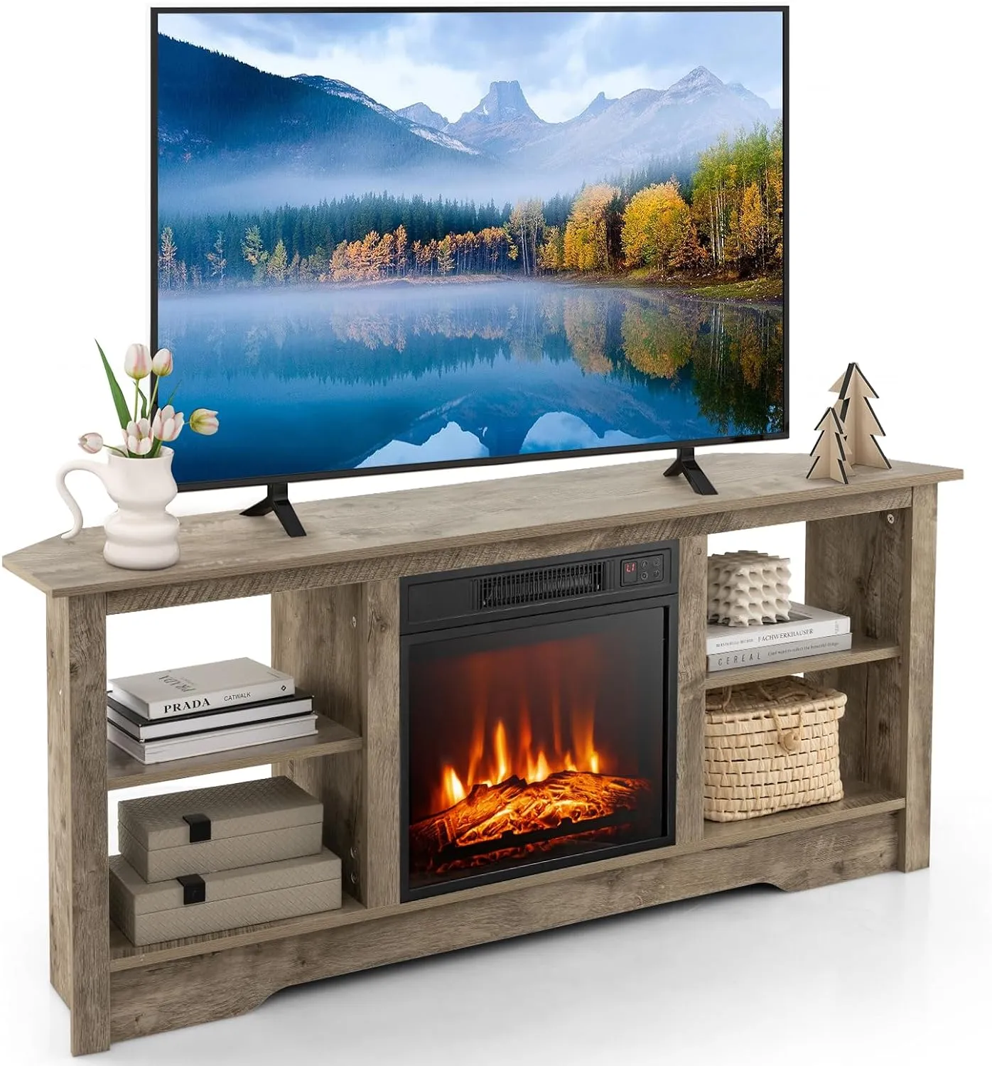 Tangkula 58” Fireplace TV Stand, Home Entertainment Center with 18” 1400W Electric Fireplace