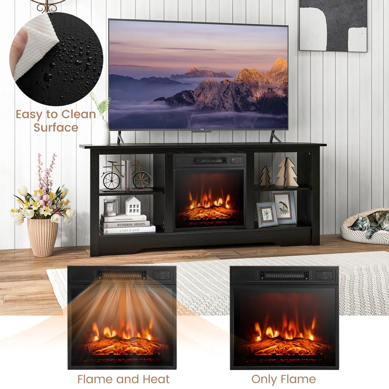 Tangkula 58” Fireplace TV Stand, Home Entertainment Center with 18” 1400W Electric Fireplace