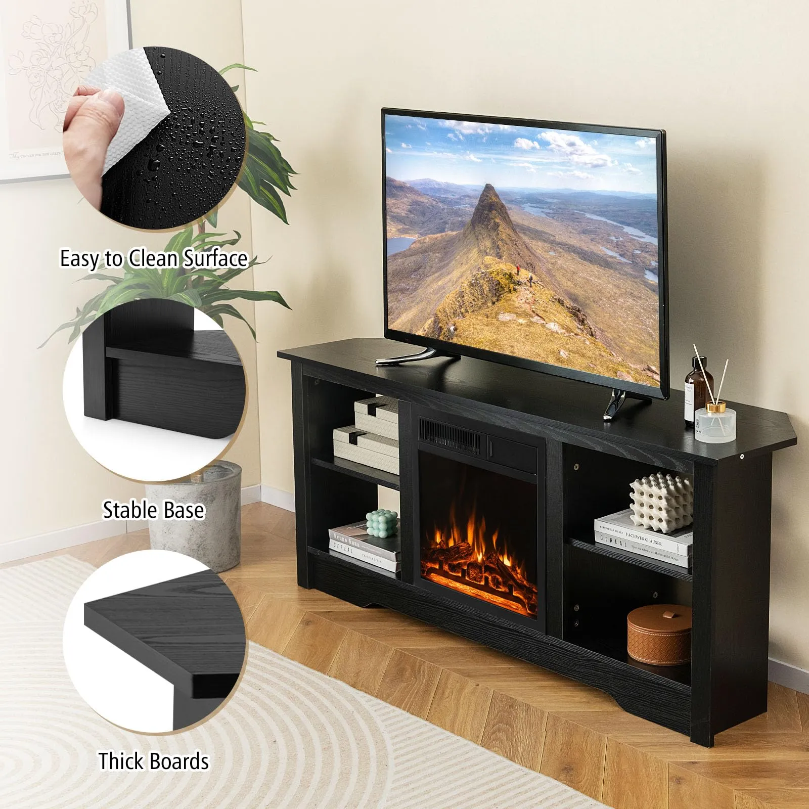 Tangkula 58” Fireplace TV Stand, Home Entertainment Center with 18” 1500W Electric Fireplace