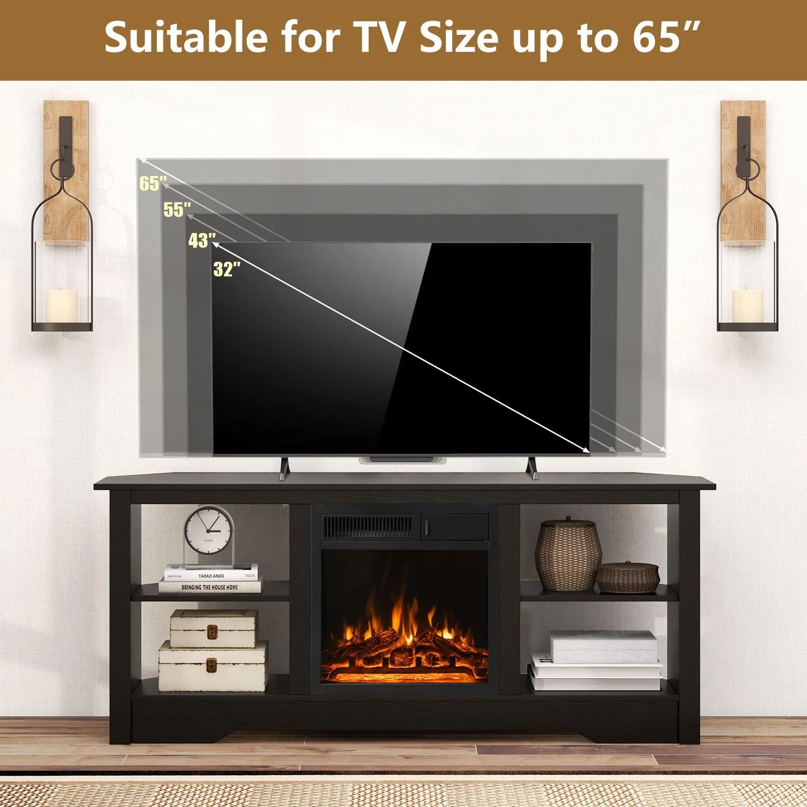 Tangkula 58” Fireplace TV Stand, Home Entertainment Center with 18” 1500W Electric Fireplace