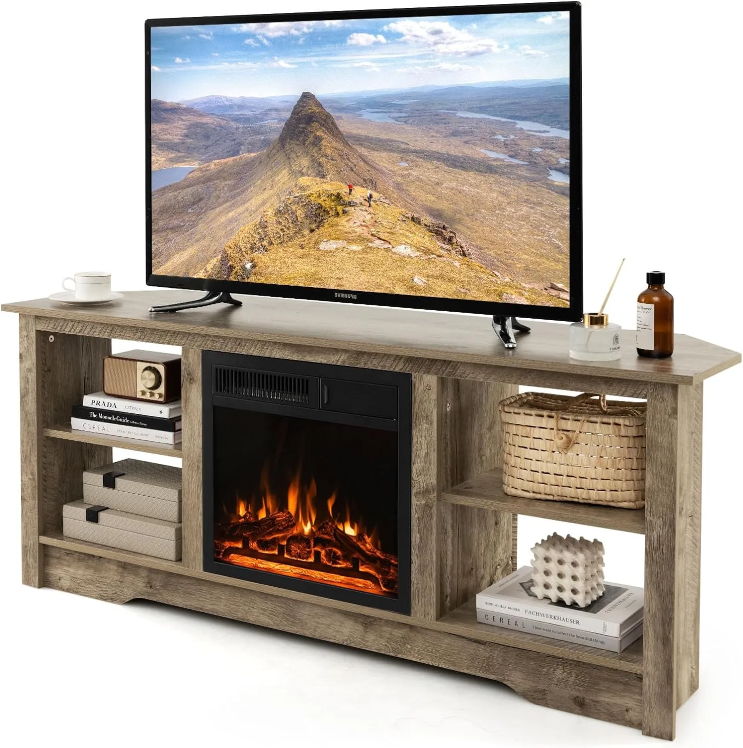 Tangkula 58” Fireplace TV Stand, Home Entertainment Center with 18” 1500W Electric Fireplace