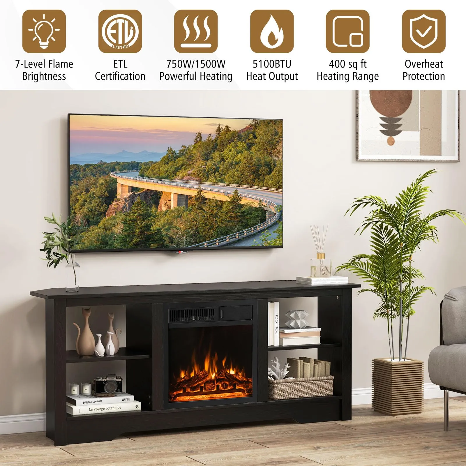 Tangkula 58” Fireplace TV Stand, Home Entertainment Center with 18” 1500W Electric Fireplace