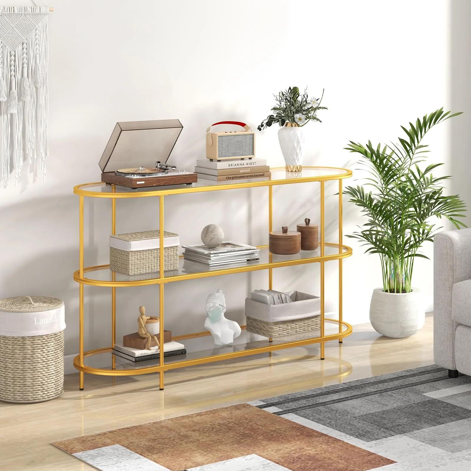 Tangkula Gold TV Stand for TVs up to 65”, 55” 3-Tier TV Console Table with Tempered Glass Shelves & Golden Metal Frame