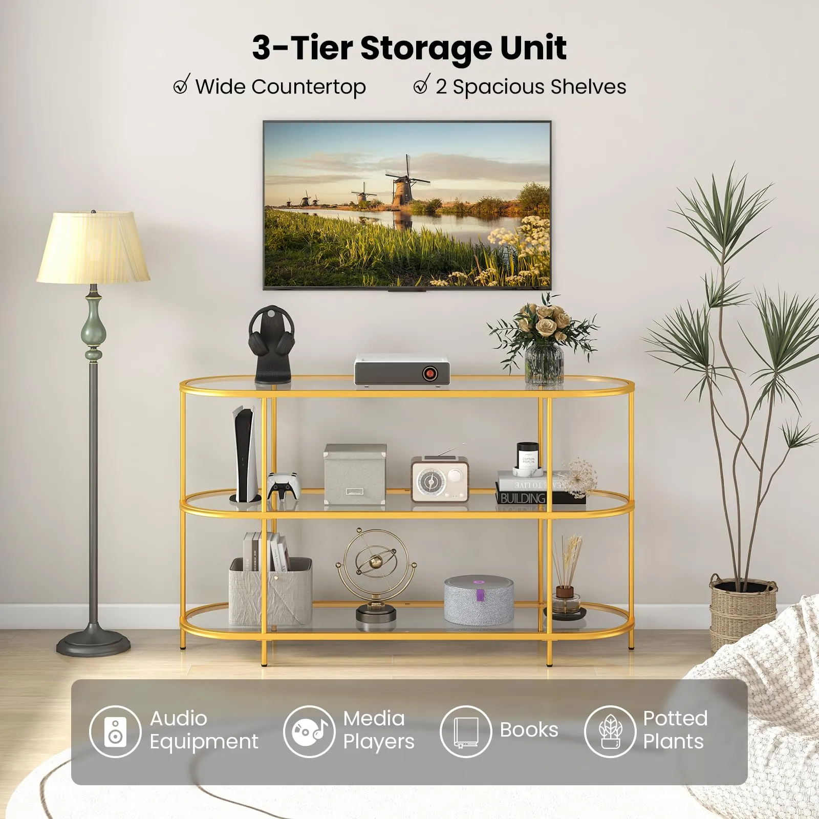 Tangkula Gold TV Stand for TVs up to 65”, 55” 3-Tier TV Console Table with Tempered Glass Shelves & Golden Metal Frame