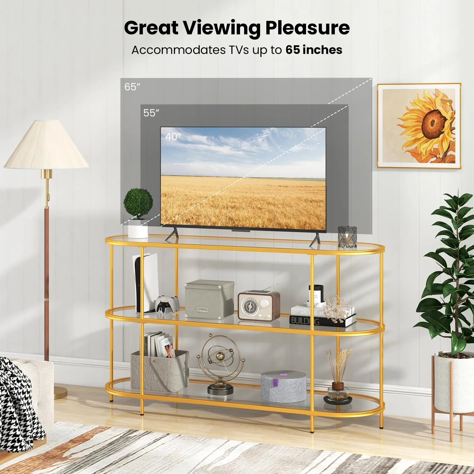 Tangkula Gold TV Stand for TVs up to 65”, 55” 3-Tier TV Console Table with Tempered Glass Shelves & Golden Metal Frame