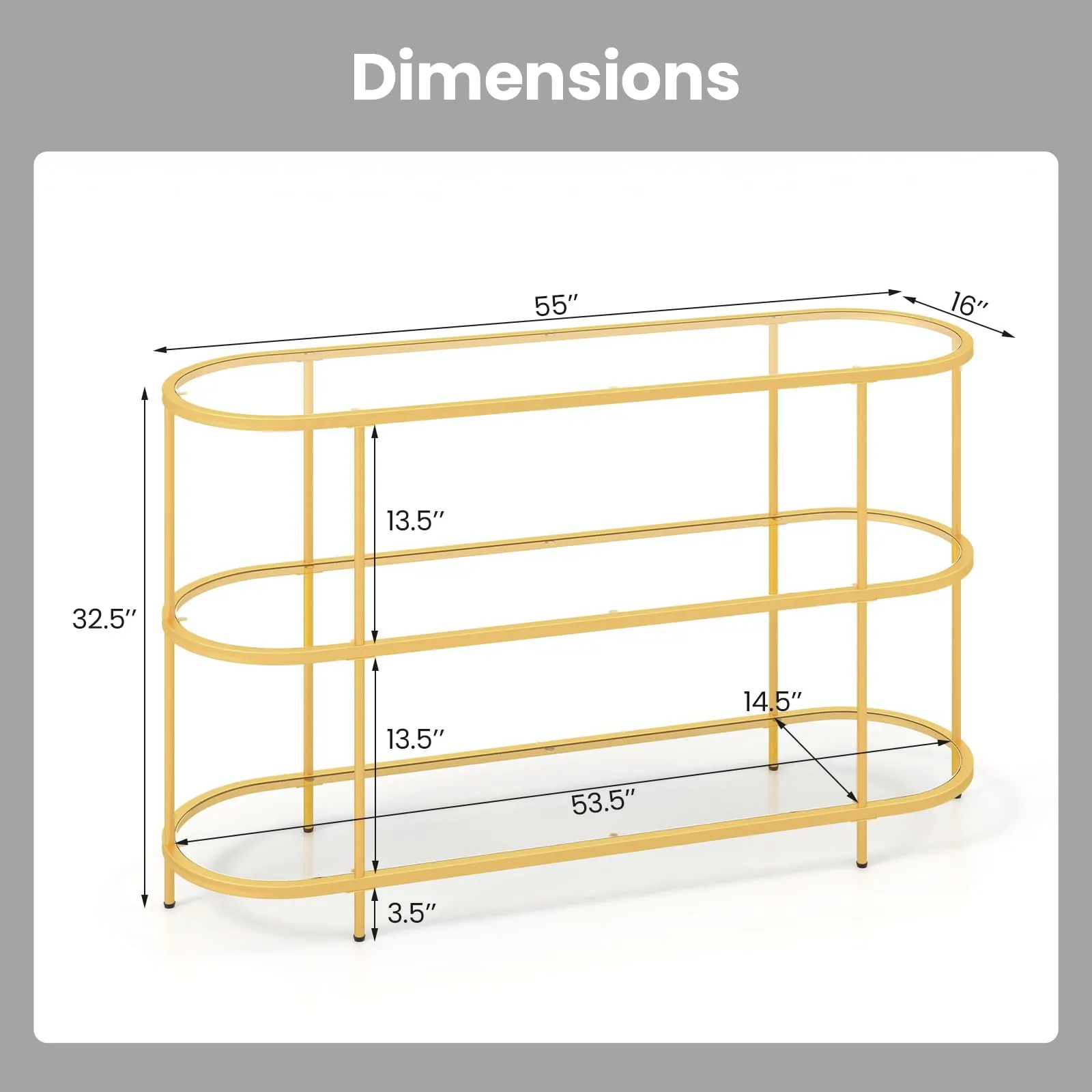 Tangkula Gold TV Stand for TVs up to 65”, 55” 3-Tier TV Console Table with Tempered Glass Shelves & Golden Metal Frame