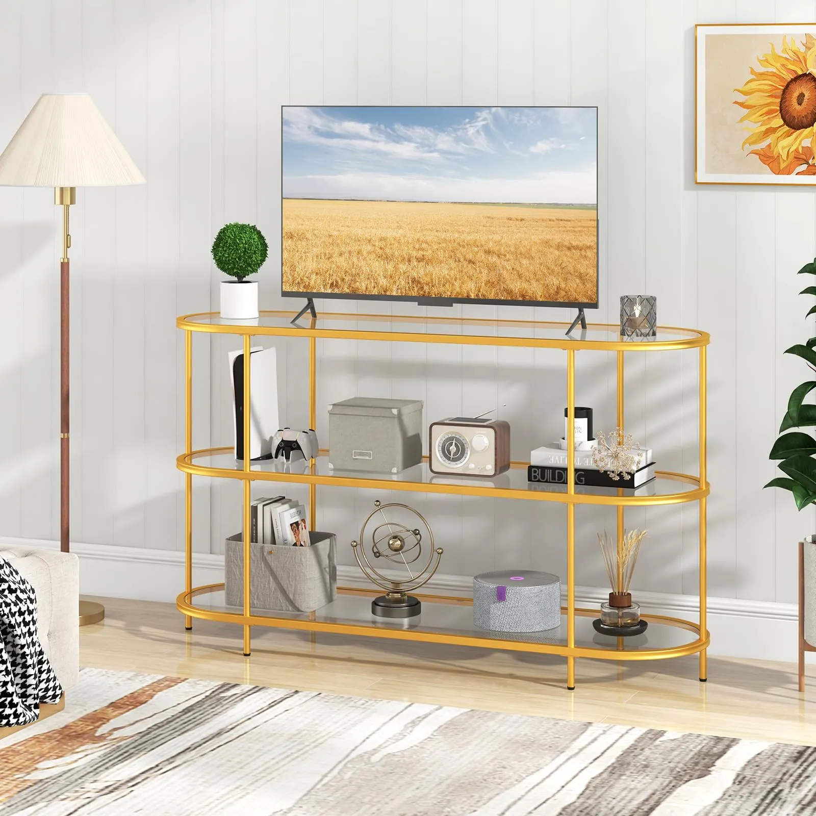 Tangkula Gold TV Stand for TVs up to 65”, 55” 3-Tier TV Console Table with Tempered Glass Shelves & Golden Metal Frame