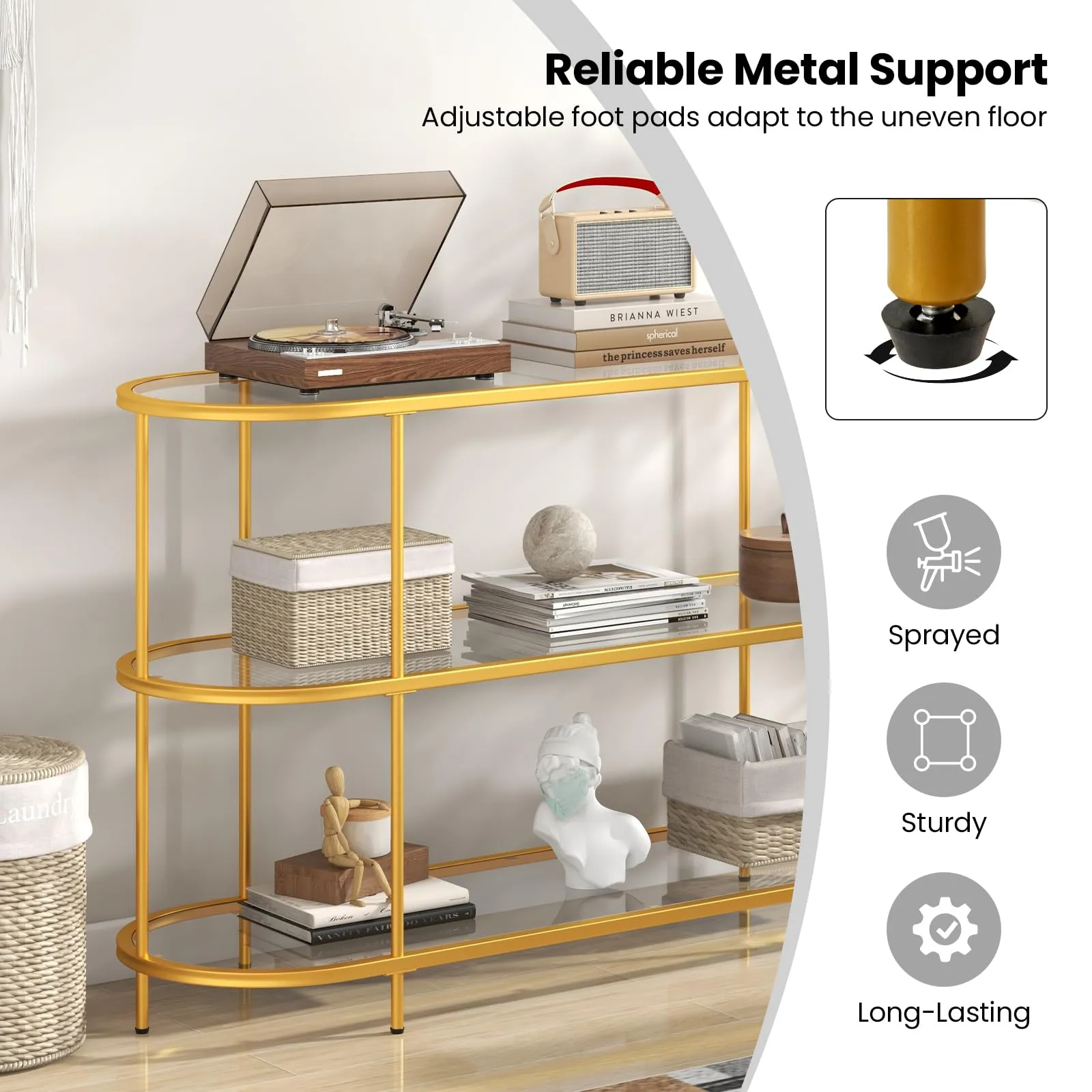 Tangkula Gold TV Stand for TVs up to 65”, 55” 3-Tier TV Console Table with Tempered Glass Shelves & Golden Metal Frame