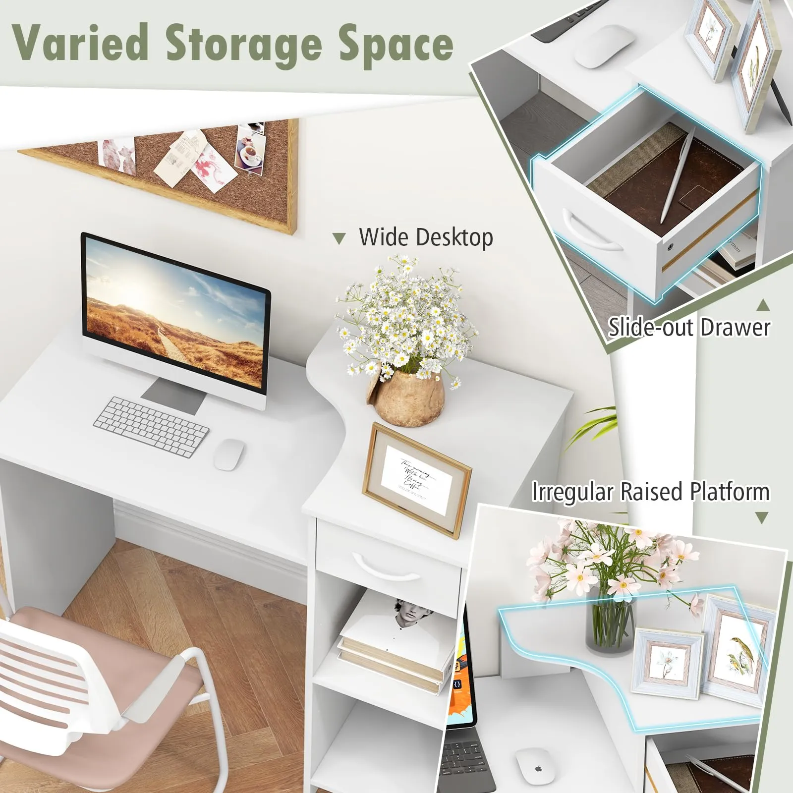 Tangkula White Desk with Storage Drawer & Shelves, Modern Computer Desk with Adjustable Shelf & Cable Hole, White