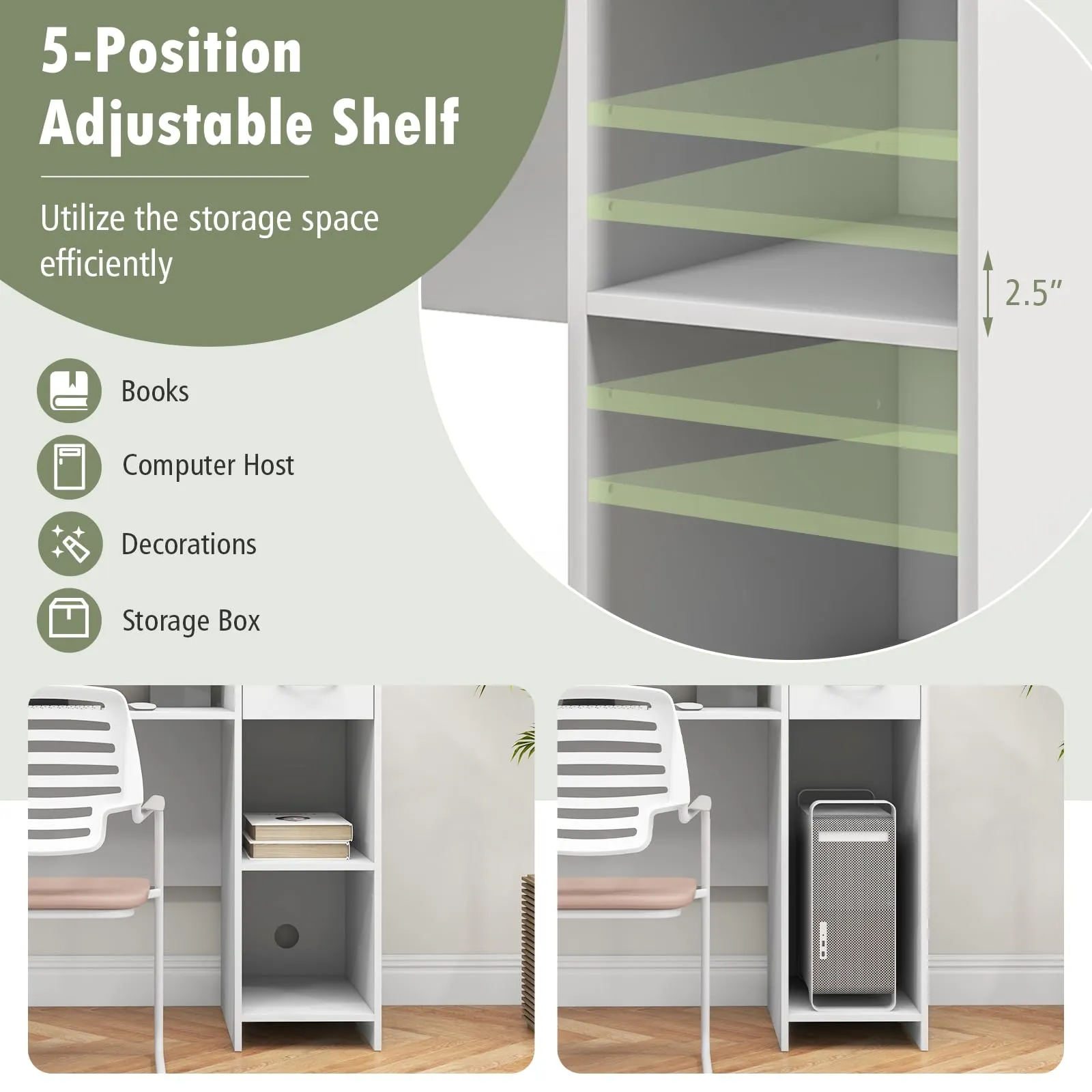 Tangkula White Desk with Storage Drawer & Shelves, Modern Computer Desk with Adjustable Shelf & Cable Hole, White