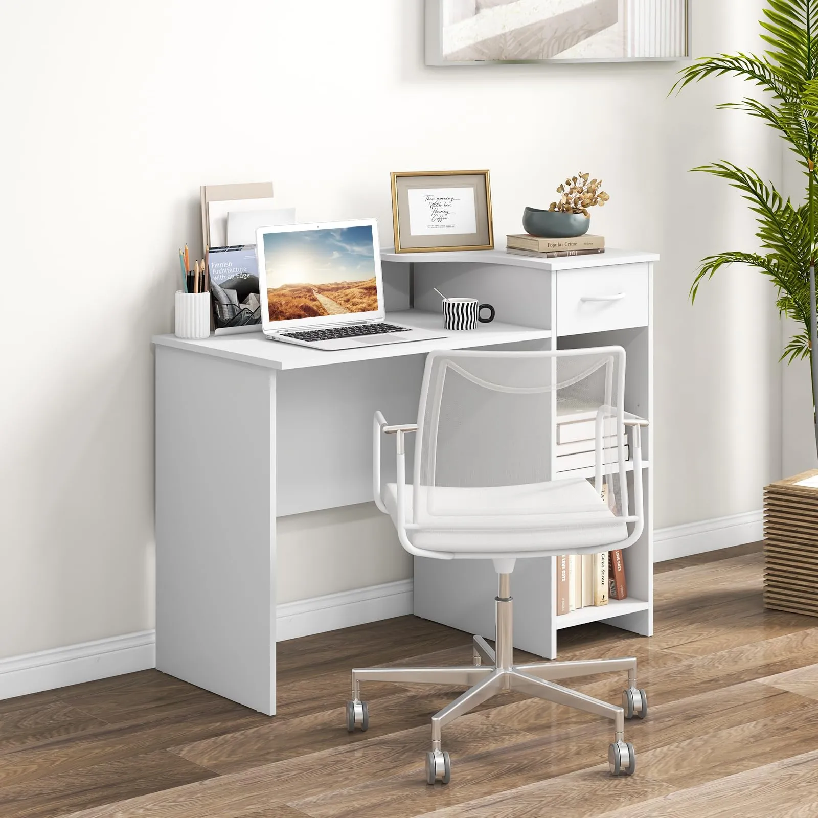 Tangkula White Desk with Storage Drawer & Shelves, Modern Computer Desk with Adjustable Shelf & Cable Hole, White