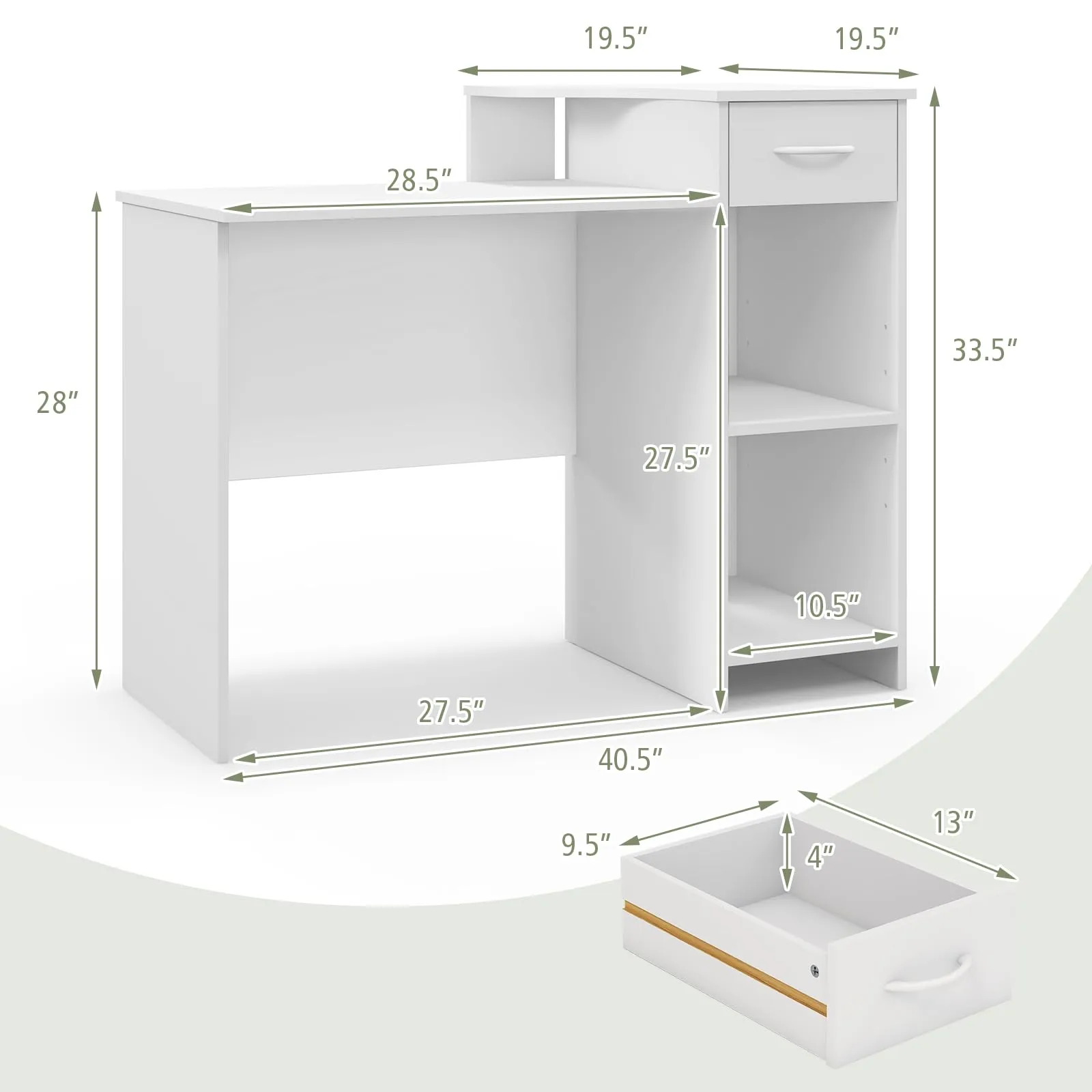 Tangkula White Desk with Storage Drawer & Shelves, Modern Computer Desk with Adjustable Shelf & Cable Hole, White