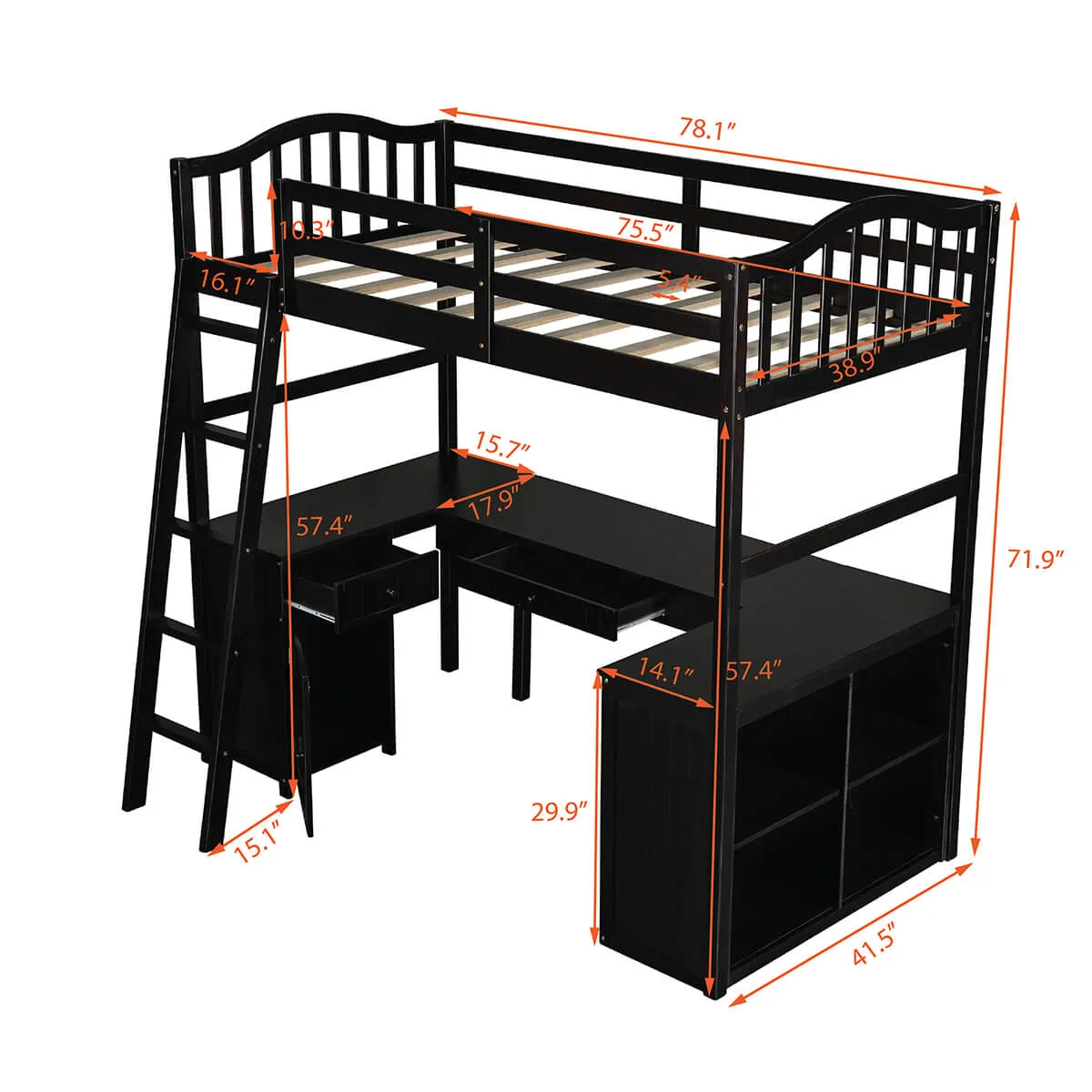 Twin size Loft Bed with Drawers, Cabinet, Shelves and Desk, Espresso