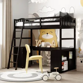 Twin size Loft Bed with Drawers, Cabinet, Shelves and Desk, Espresso