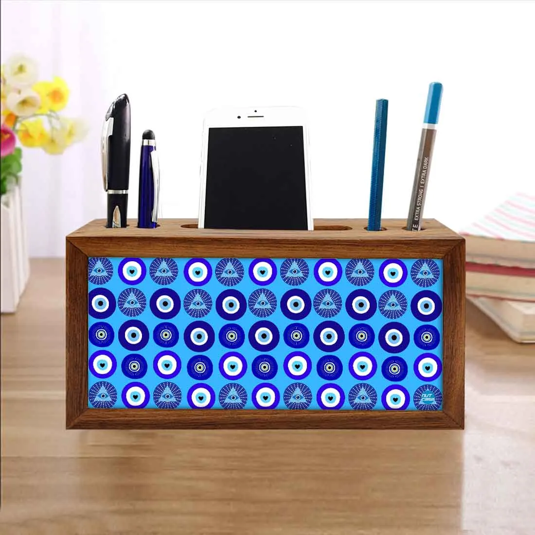 Wooden Pen Holder with Mobile Stand Desk Organizer for Office - Evil Eye Protector-