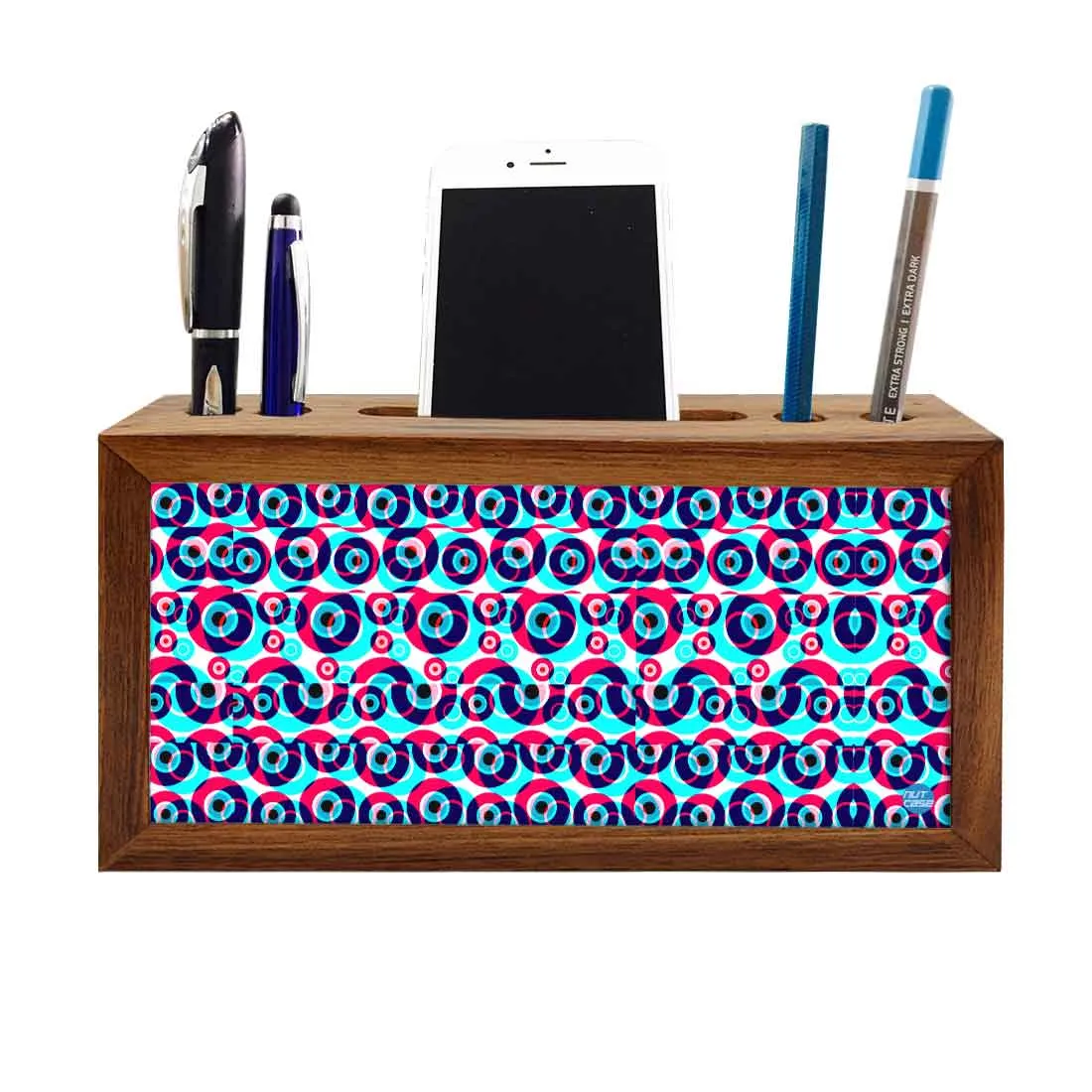 Wooden Pen Holder with Mobile Stand Desk Organizer for Office - Evil Eye Protector-