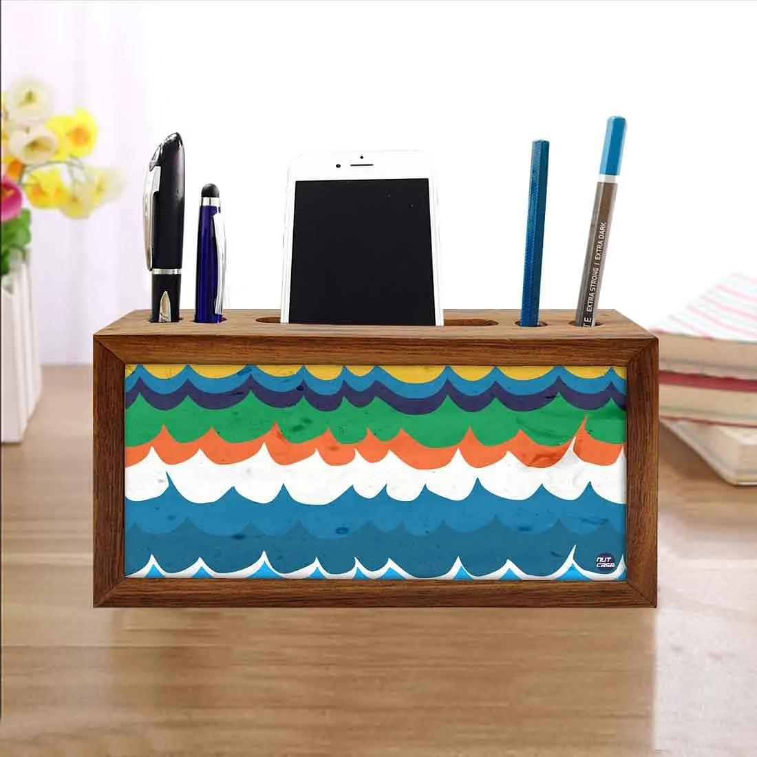 Wooden Pen Holder with Phone Stand Desk Organizer - Waves