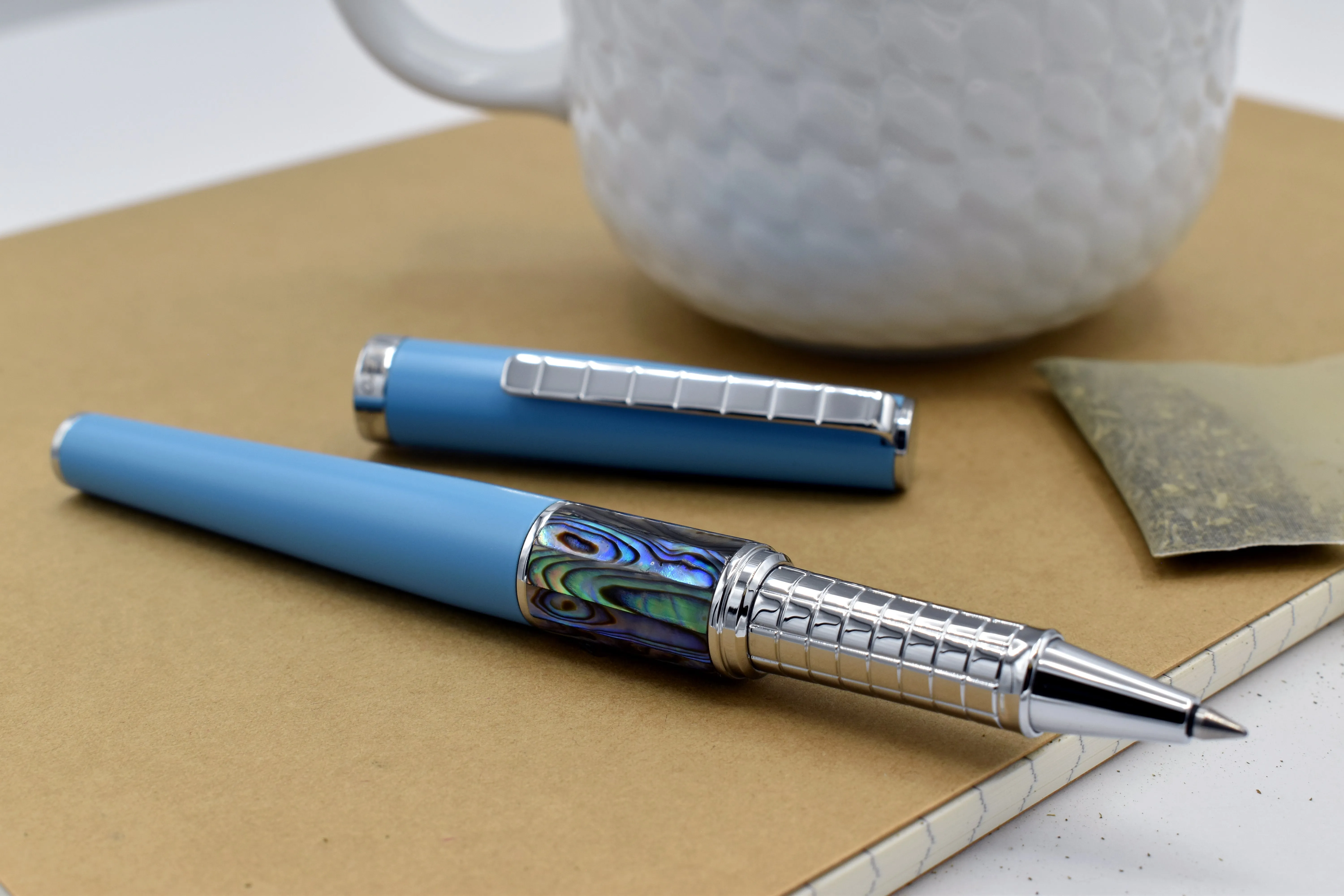 Xezo Speed Master™ Sky Blue Brass Rollerball Pen - With Paua Abalone