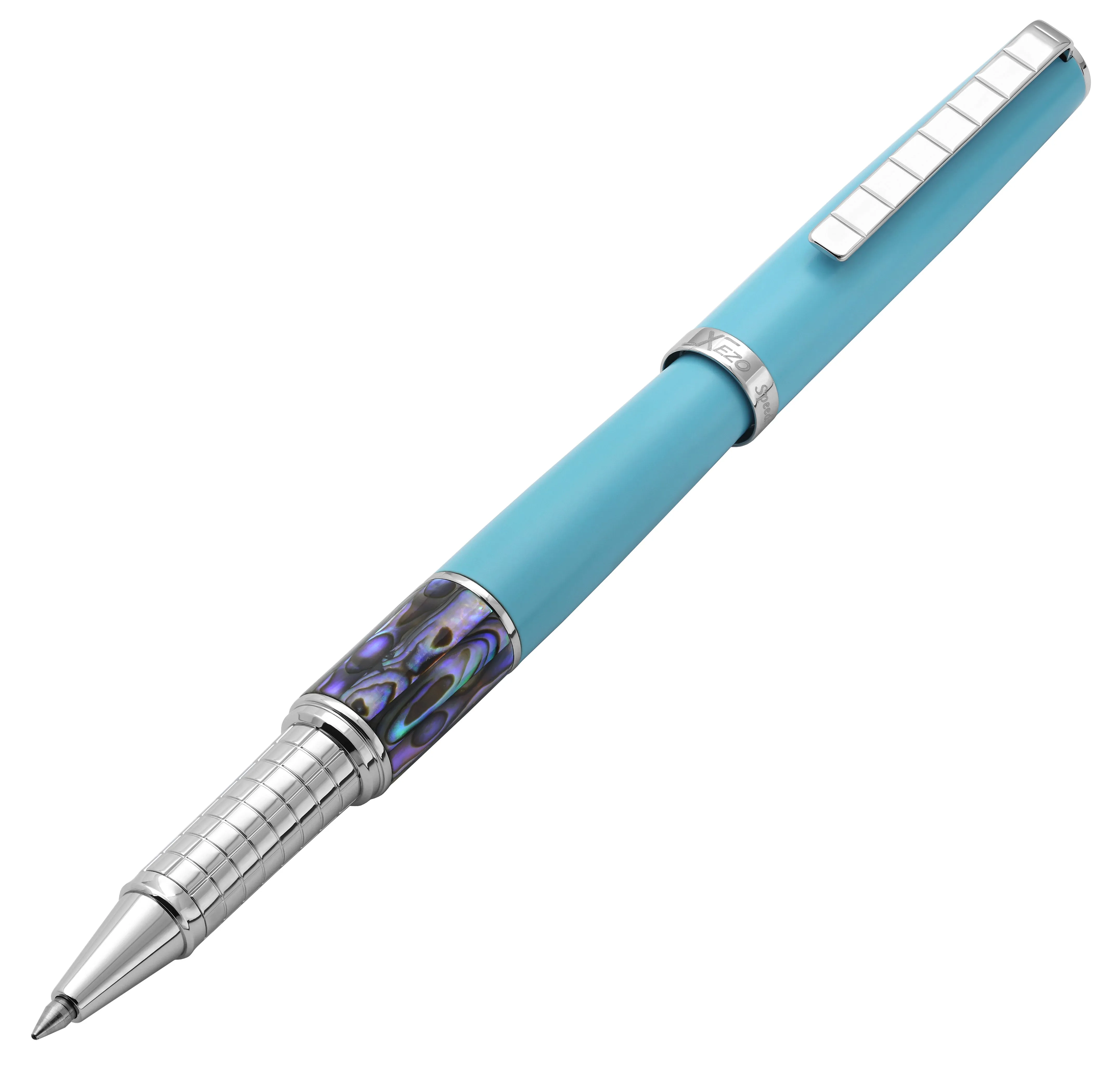 Xezo Speed Master™ Sky Blue Brass Rollerball Pen - With Paua Abalone