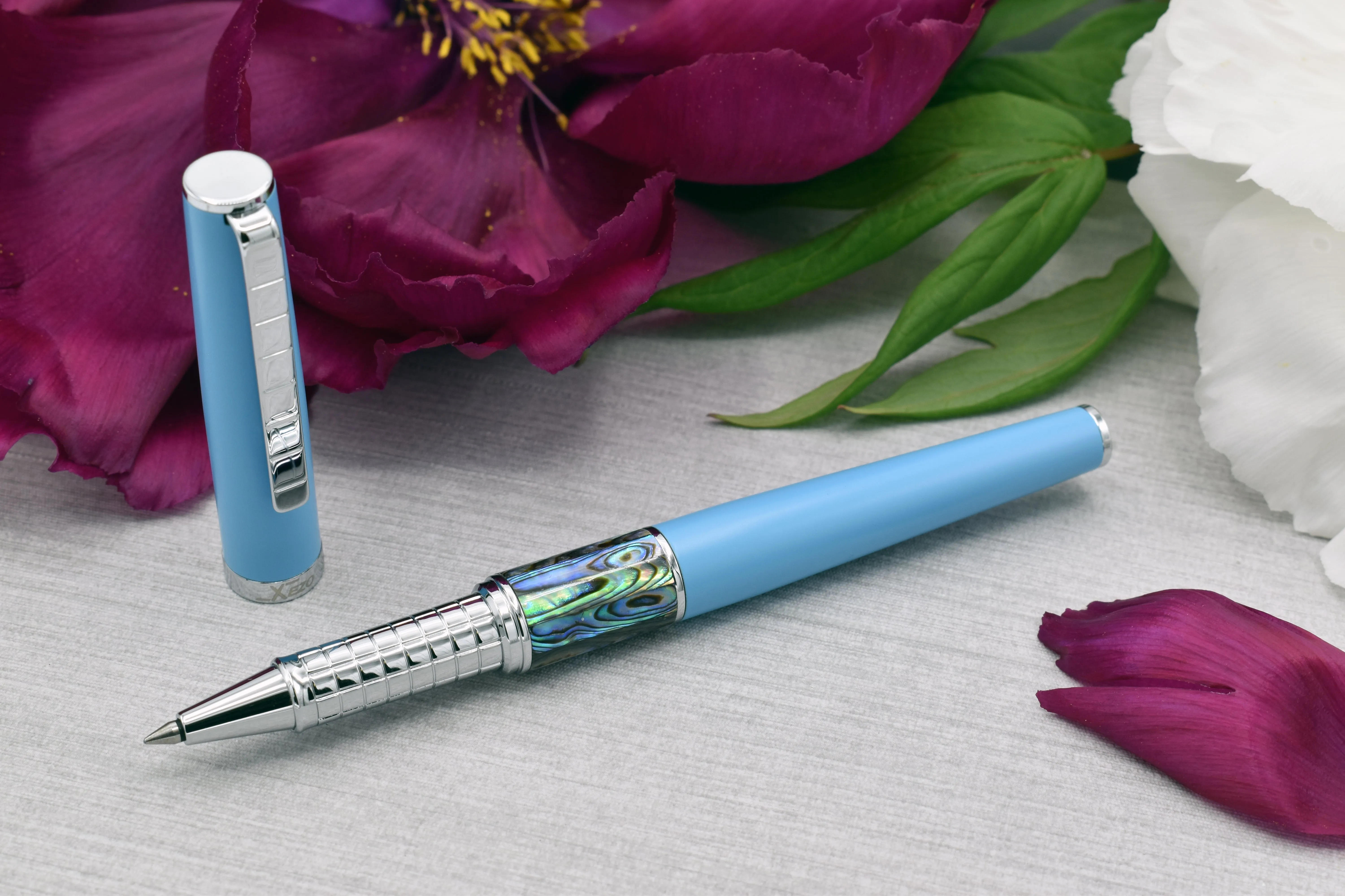 Xezo Speed Master™ Sky Blue Brass Rollerball Pen - With Paua Abalone